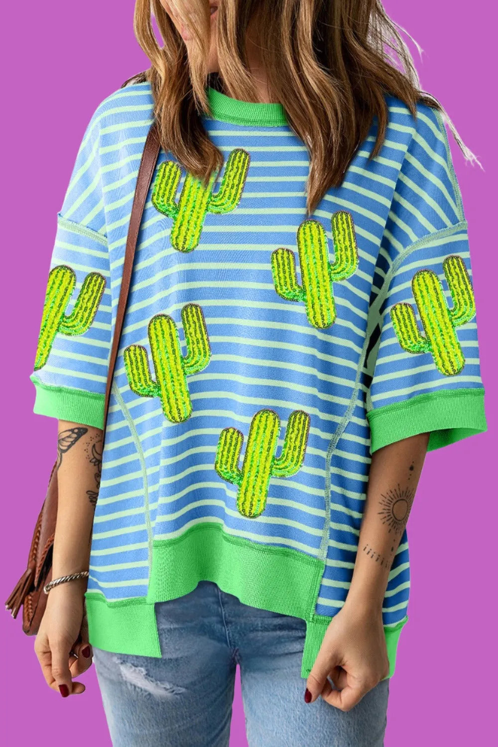 Cactus Striped Round Neck Half Sleeve T-Shirt