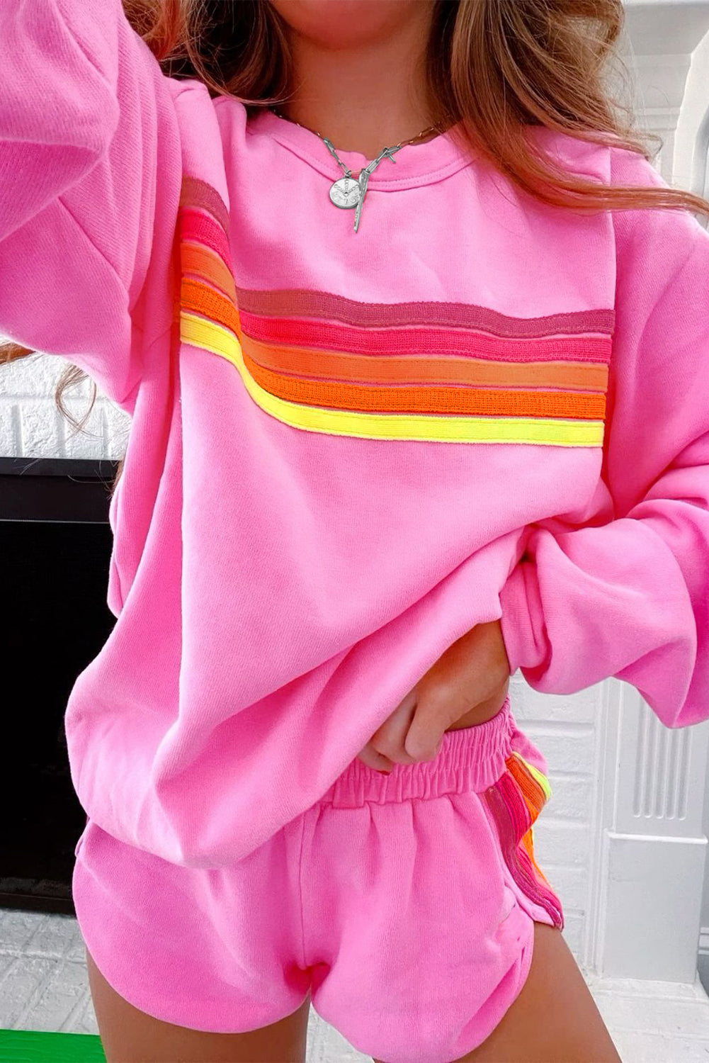 Apricot Colorful Striped Long Sleeve Pullover and Shorts Set