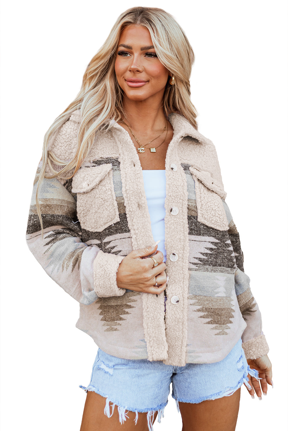 Khaki Aztec Print Sherpa Splicing Buttoned Flap Pocket Coat