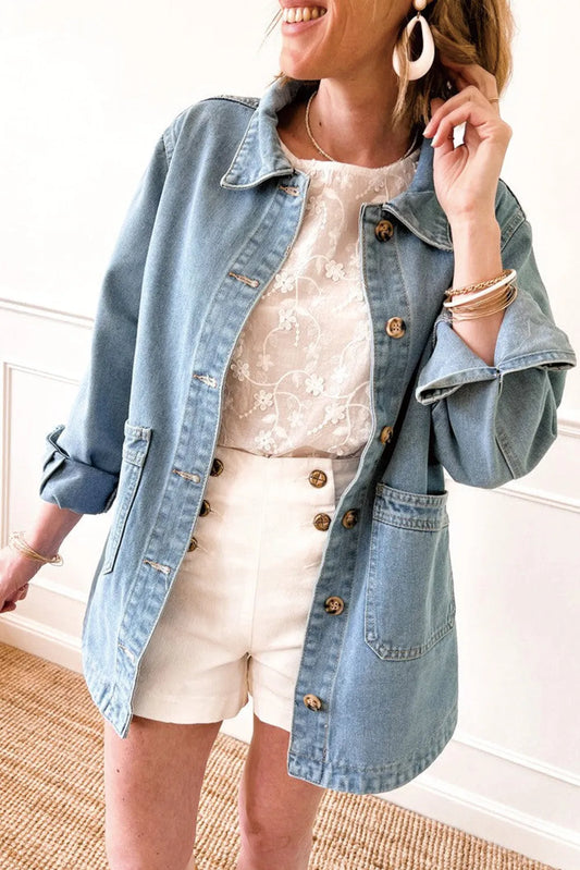 Dusk Blue Side Pocket Buttons Denim Jacket