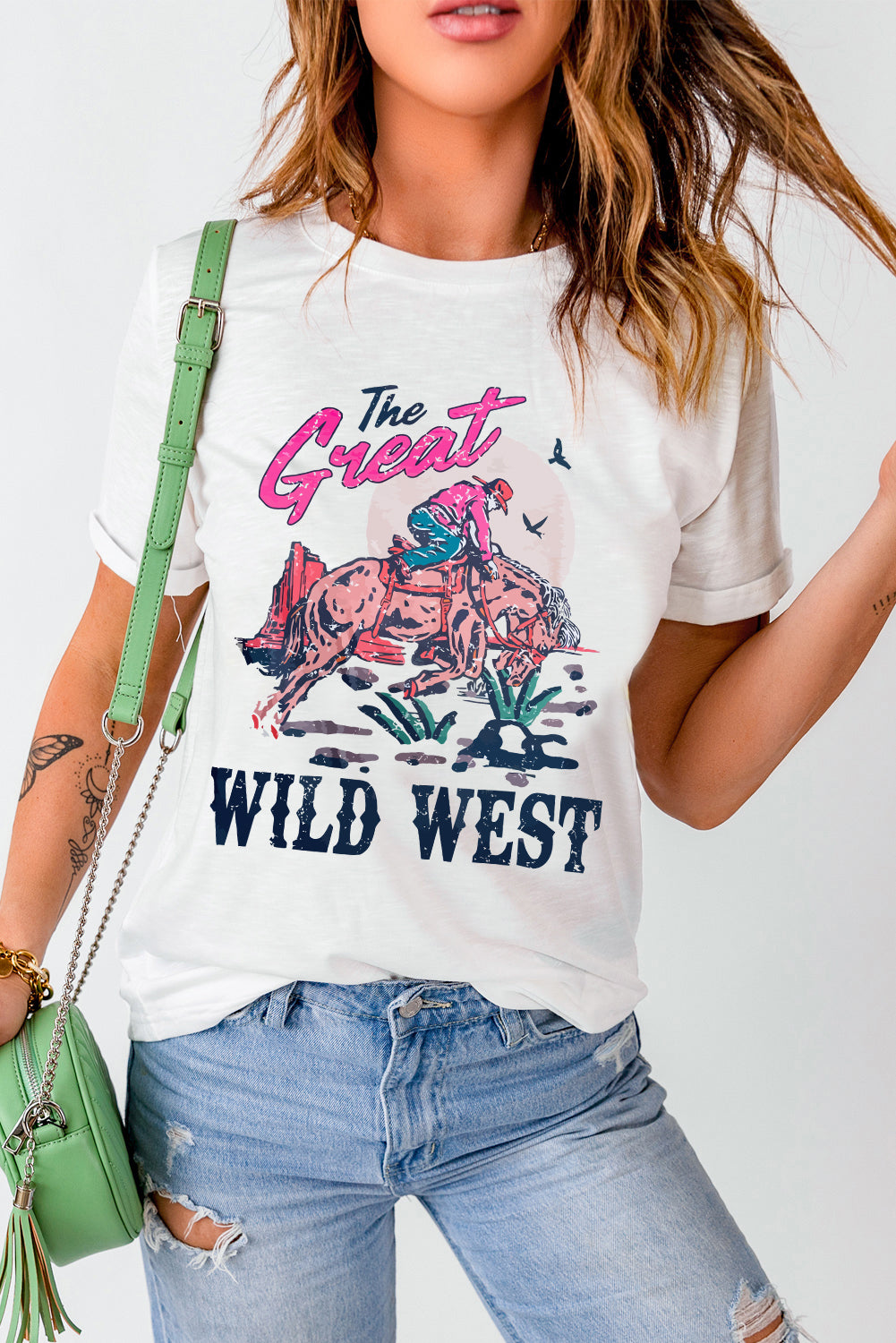 White- The Great WILD WEST Rodeo Graphic Crew Neck T Shirt