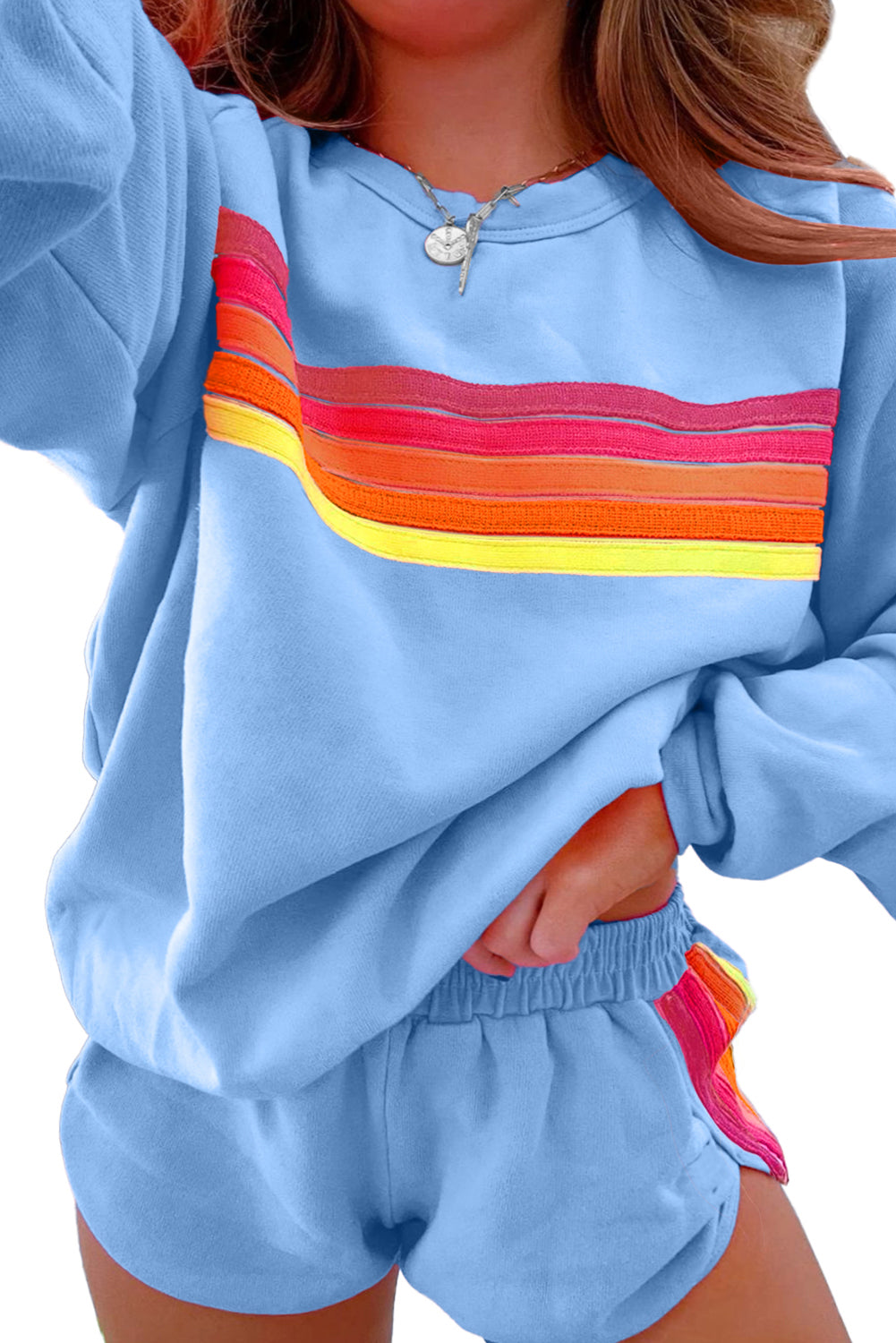 Apricot Colorful Striped Long Sleeve Pullover and Shorts Set