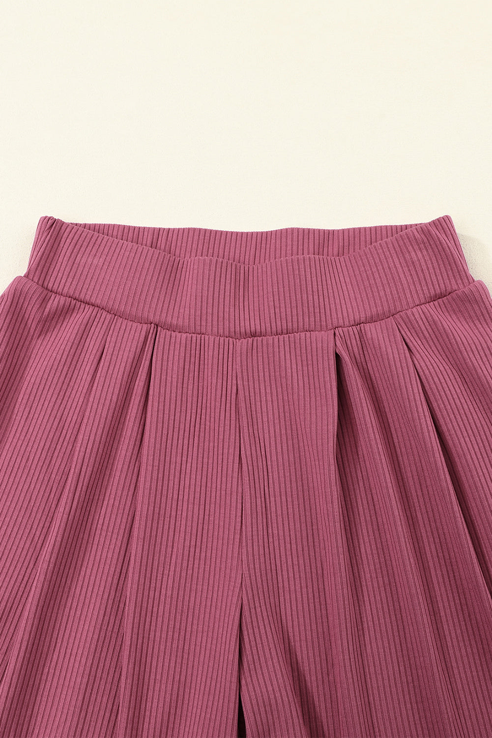 Pink Plain Ribbed Crop Top & Wide Leg Pants Two Piece Pants Set