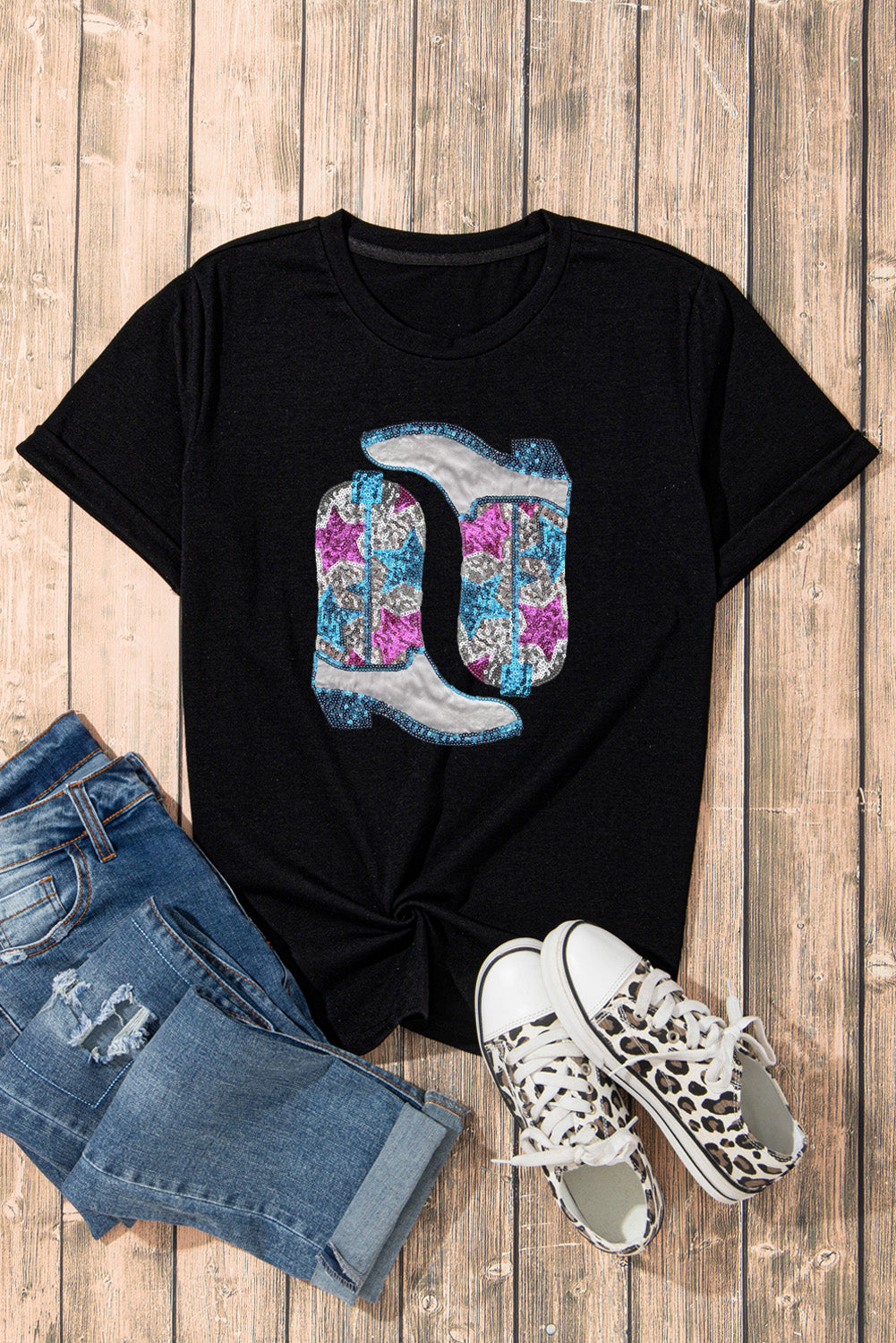 Black Sequin Boots Stars Graphic Round Neck T Shirt