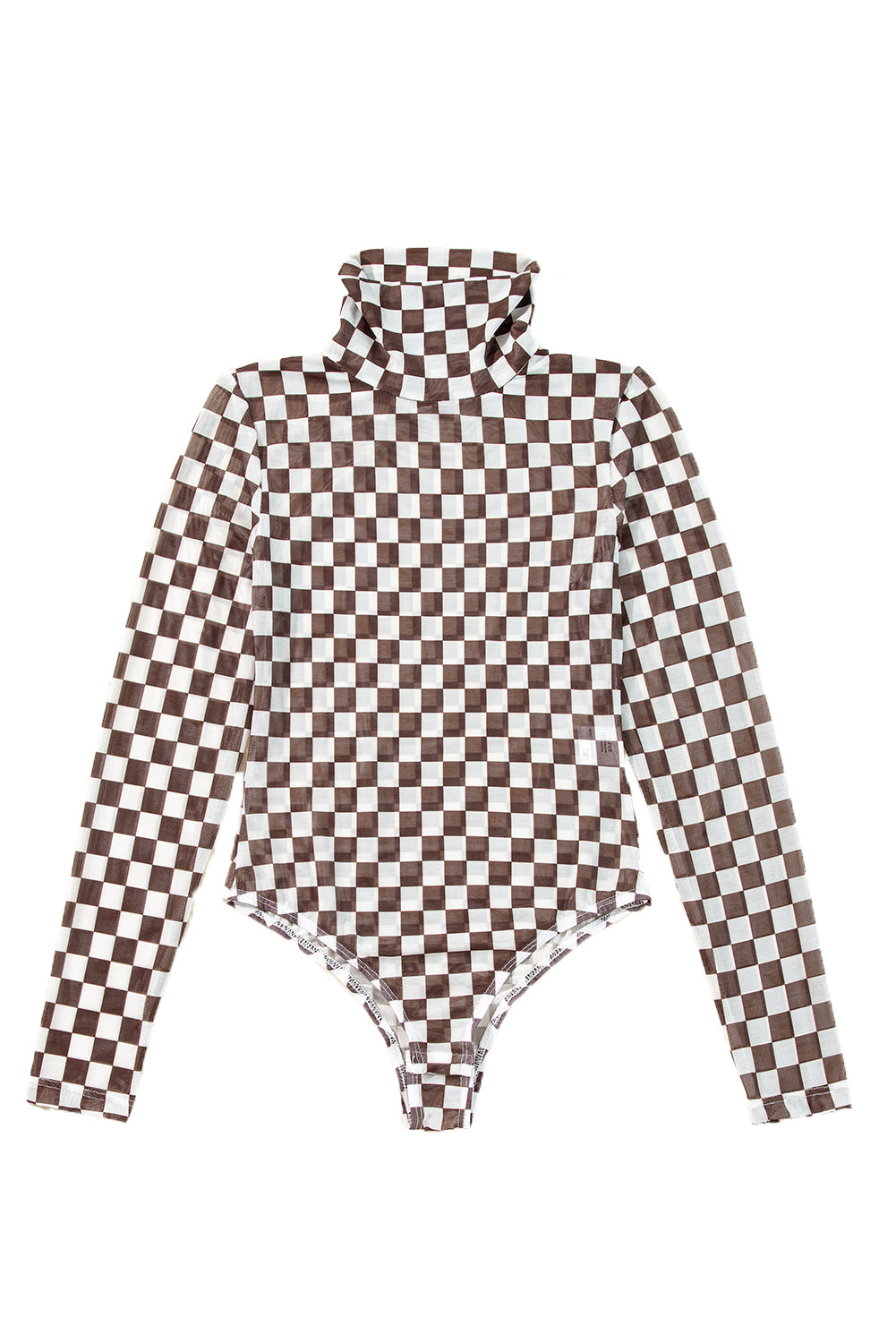 Black Checkered Print Long Sleeve Mock Neck Bodysuit