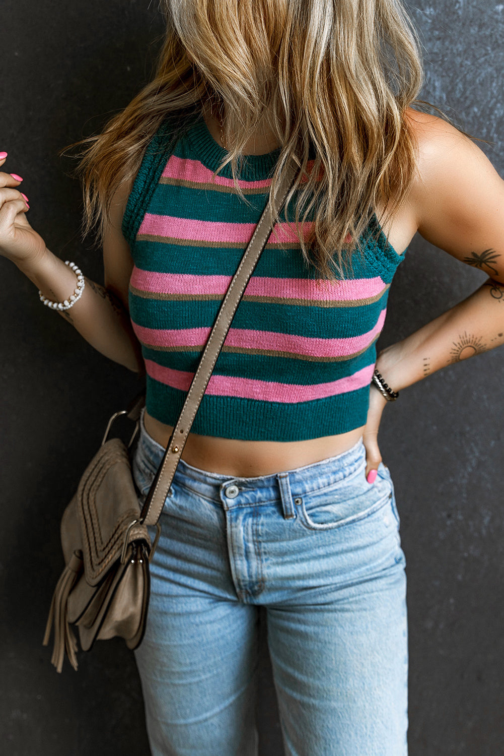 Pink Stripe Knit Crewneck Cropped Tank Top