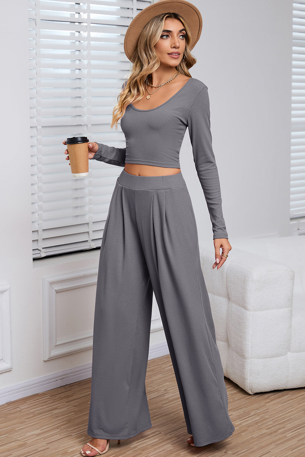 Pink Plain Ribbed Crop Top & Wide Leg Pants Two Piece Pants Set