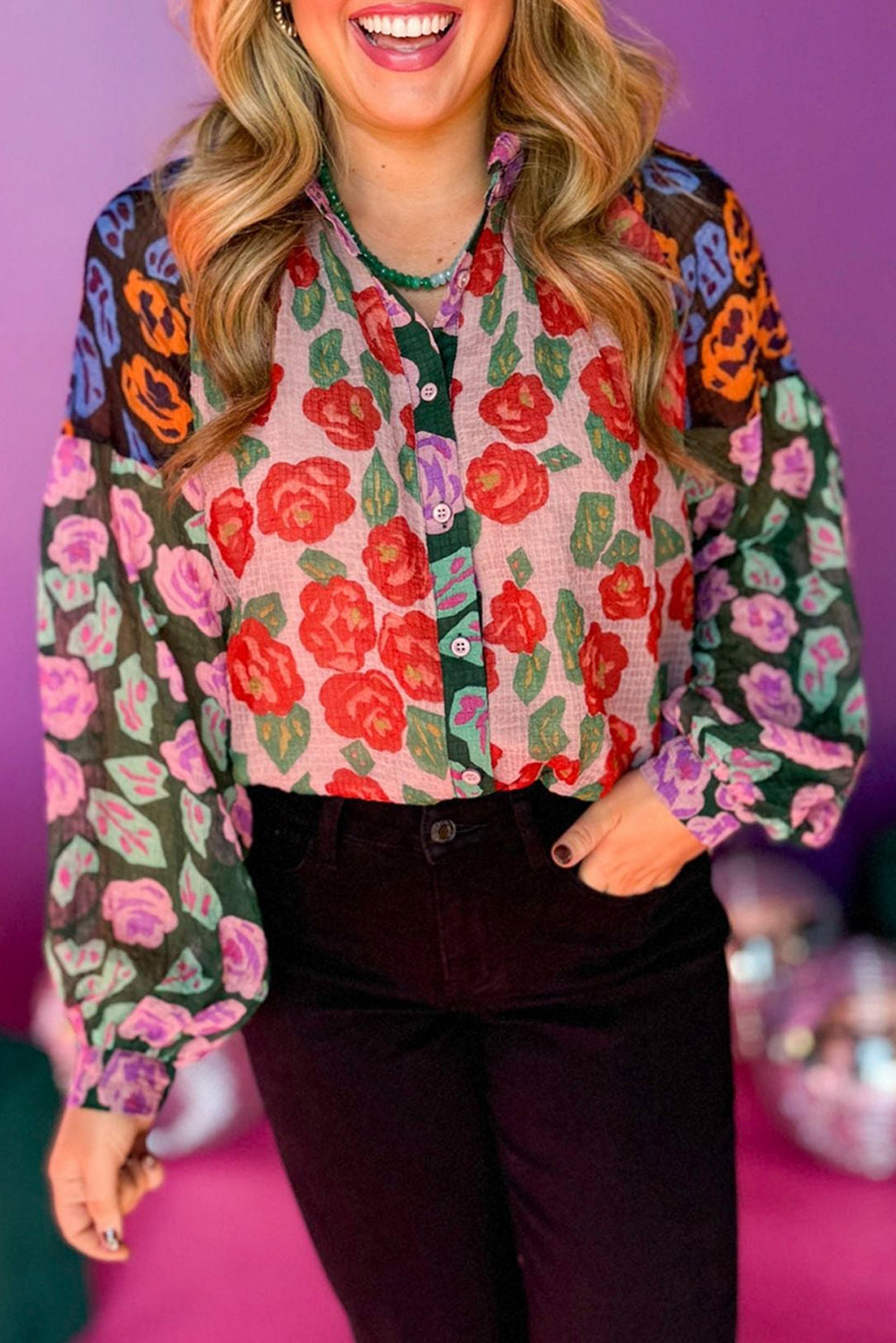 Red Colorblock Floral Print Puff Sleeve Shirt