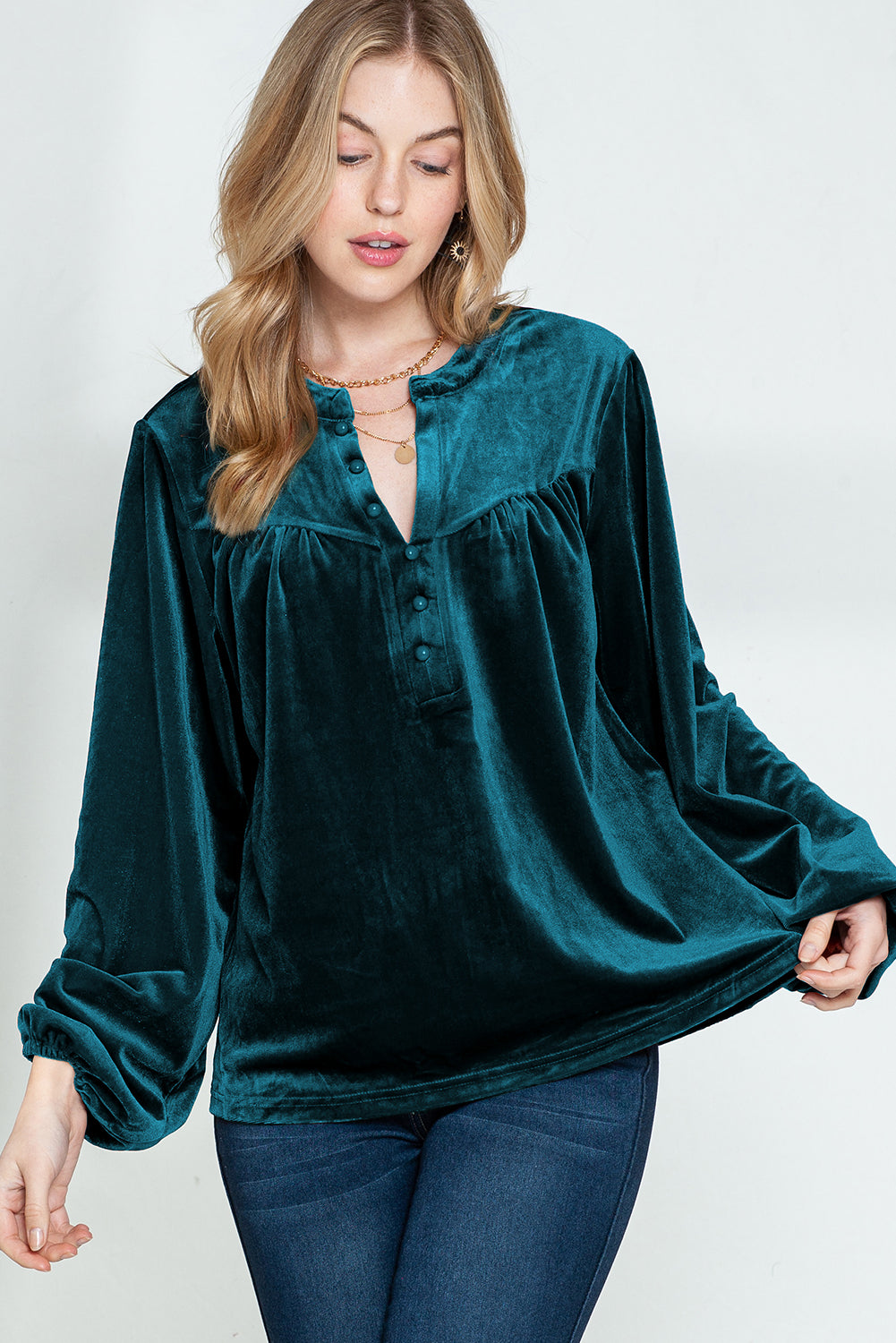 Gold Flame Velvet Beaded V Neck Lantern Sleeve Top