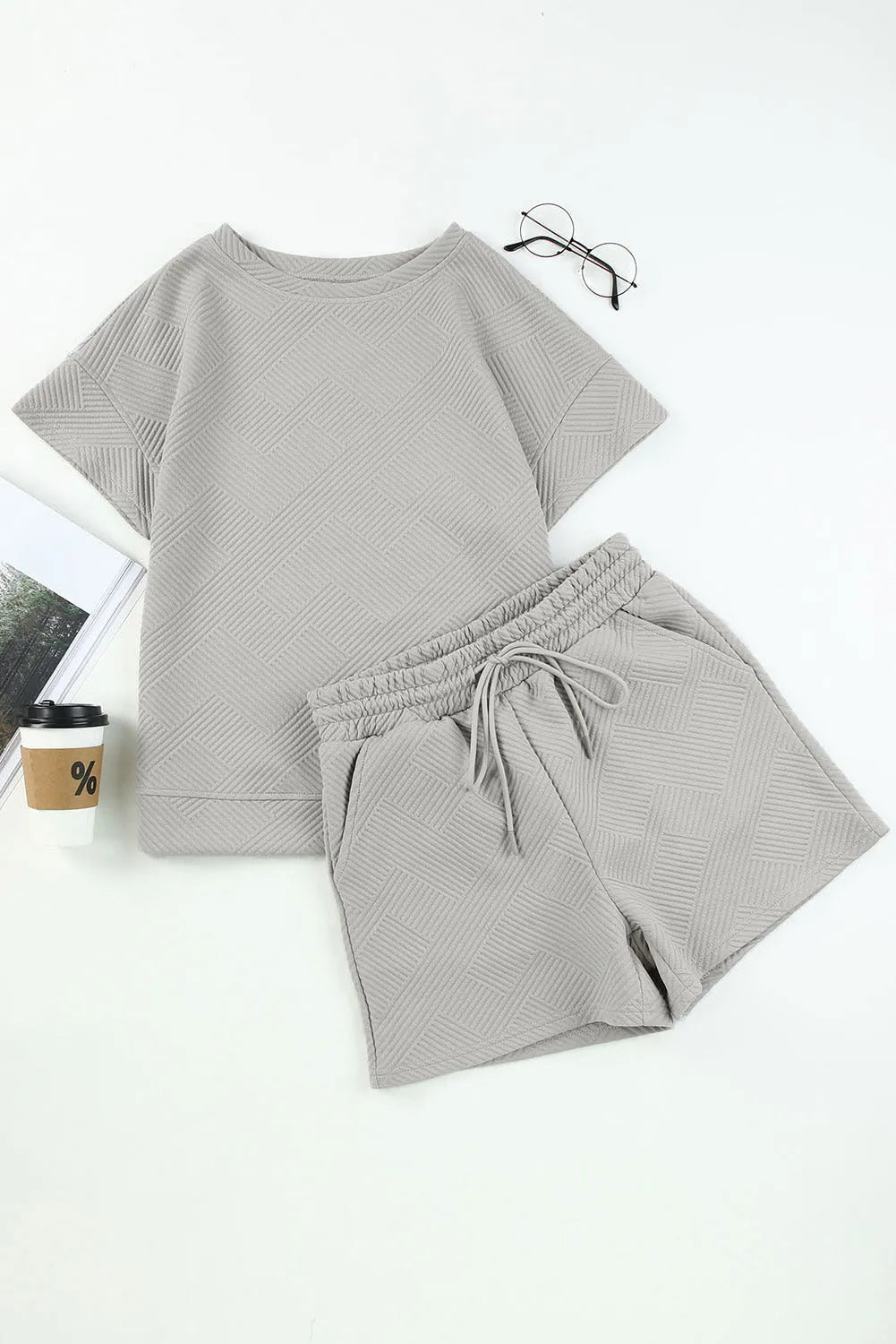 Gray 2Pcs Solid Textured Drawstring Shorts Set