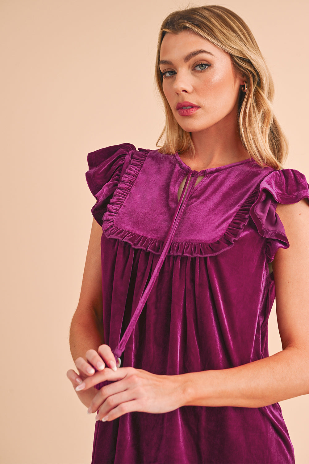 Violet Tied Neck Ruffle Short Sleeve Blouse