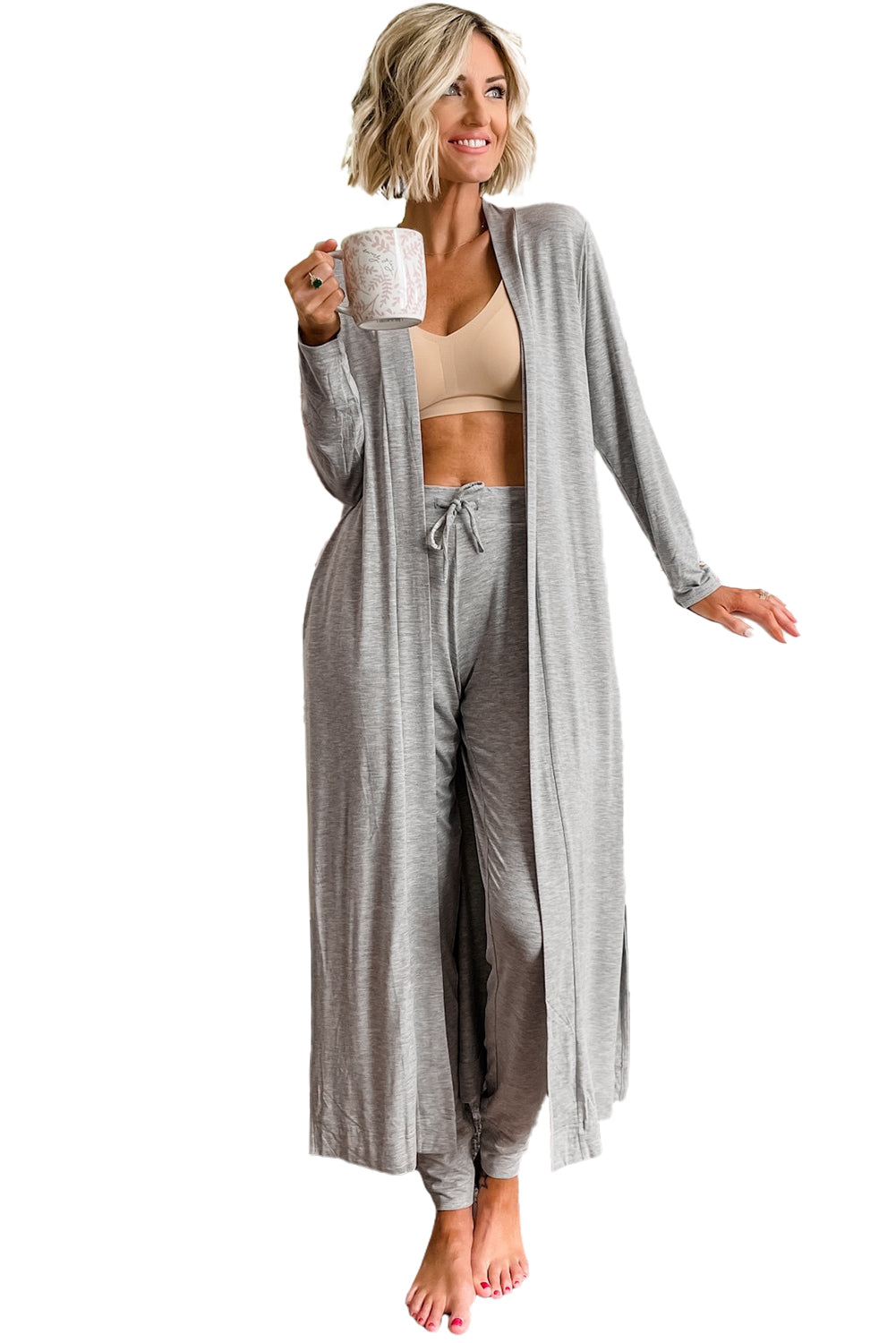 Black Split Long Cardigan and Skinny Pants Loungewear Set