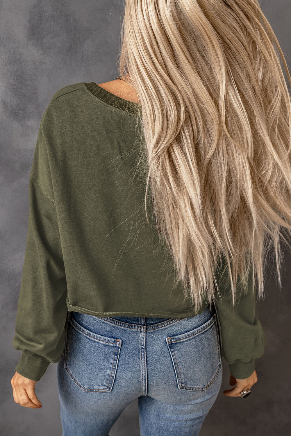 Green Casual Drop Shoulder Cropped Sweatshirt