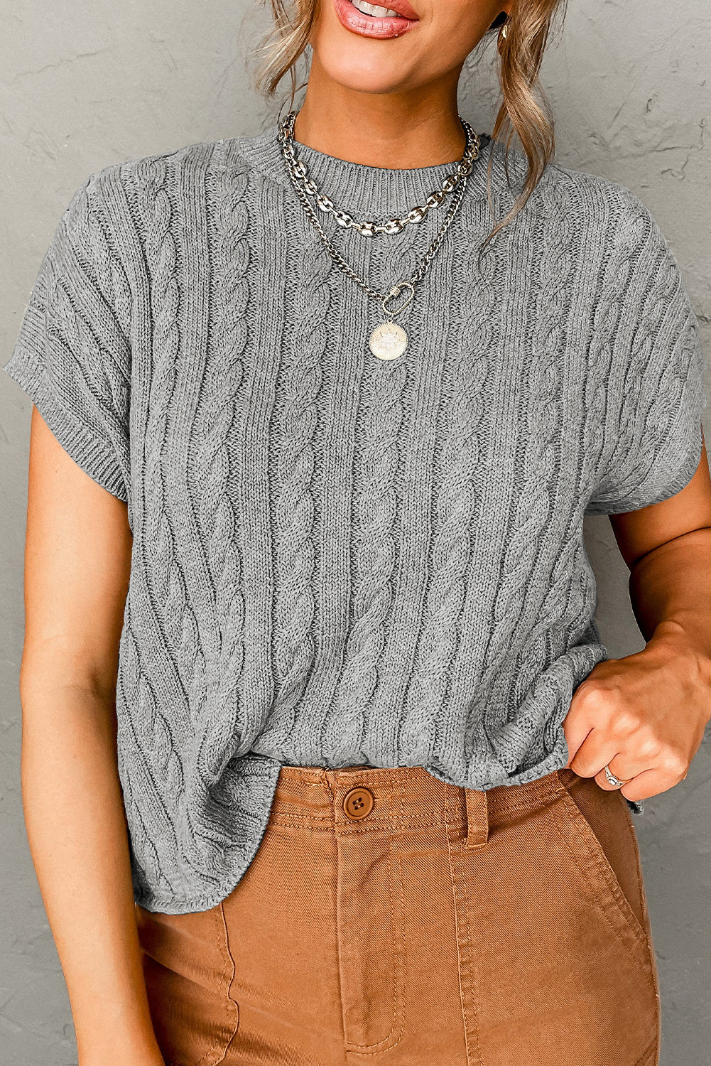 Flaxen Solid Color Cable Knit Short Sleeve Sweater