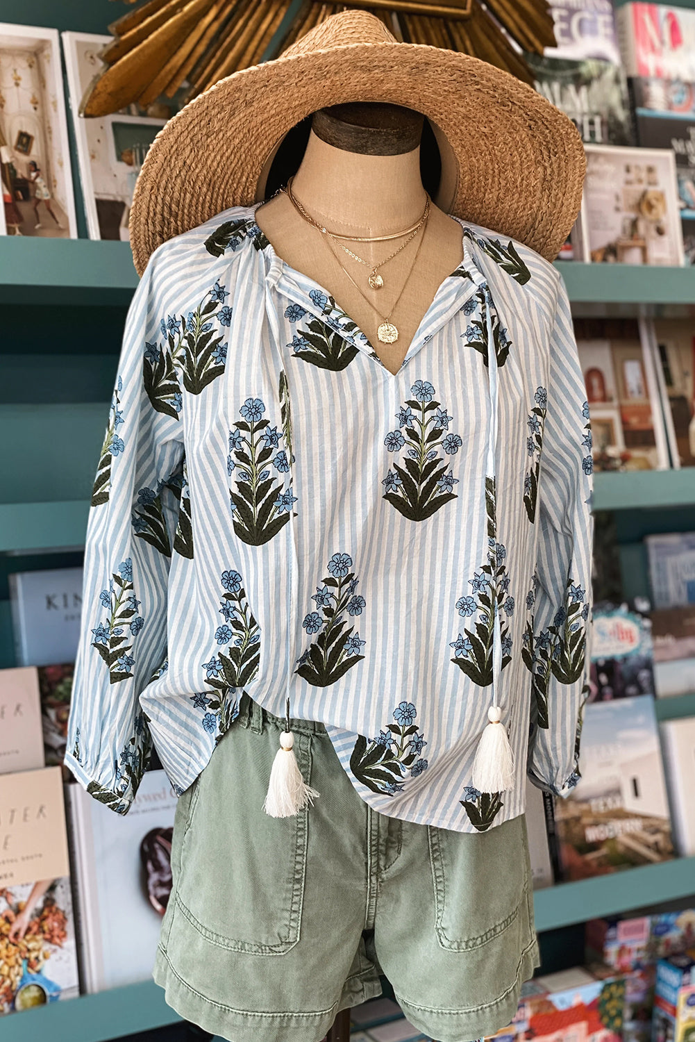 Beau Blue Floral Striped Tie V Neck Long Sleeve Blouse