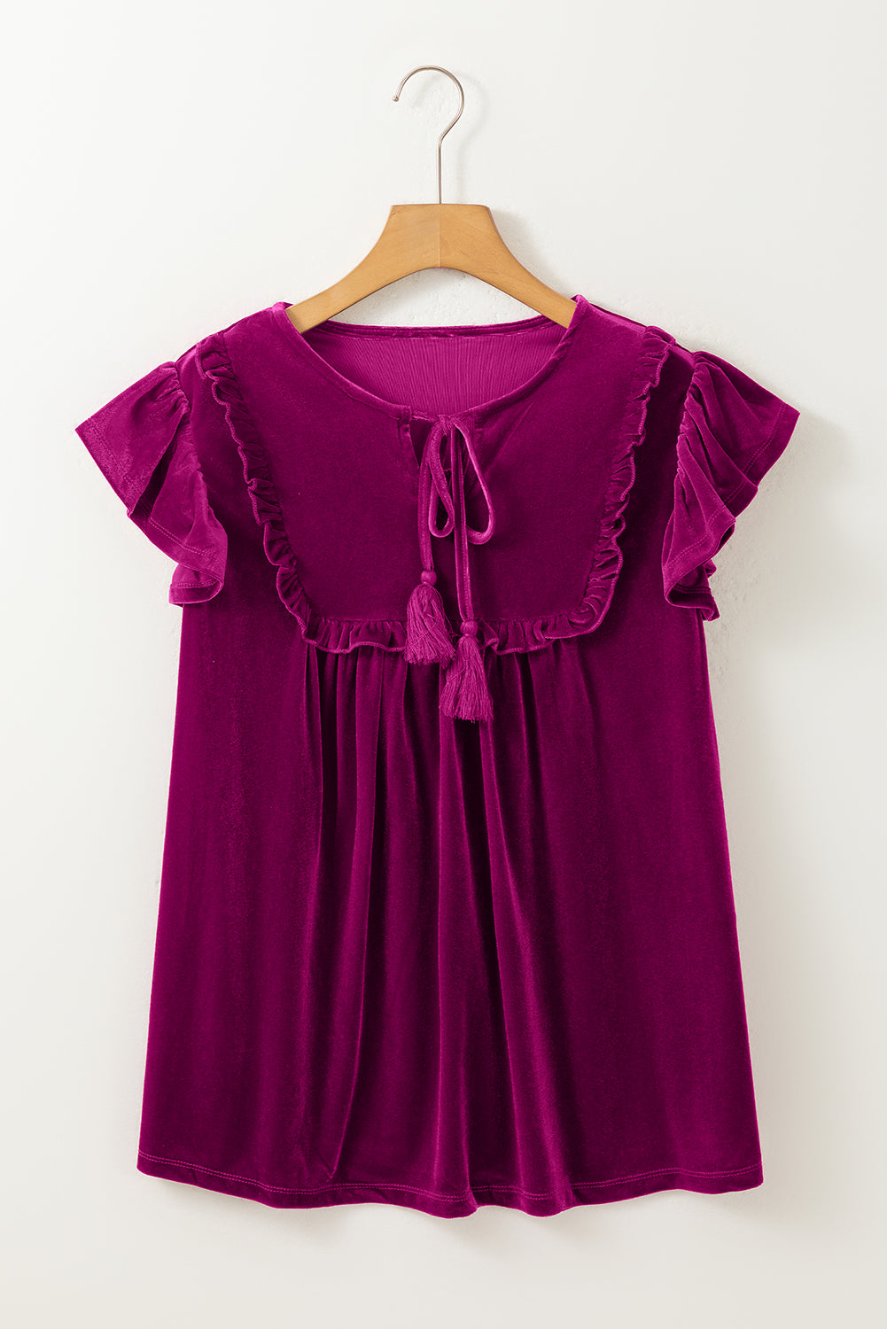 Violet Tied Neck Ruffle Short Sleeve Blouse