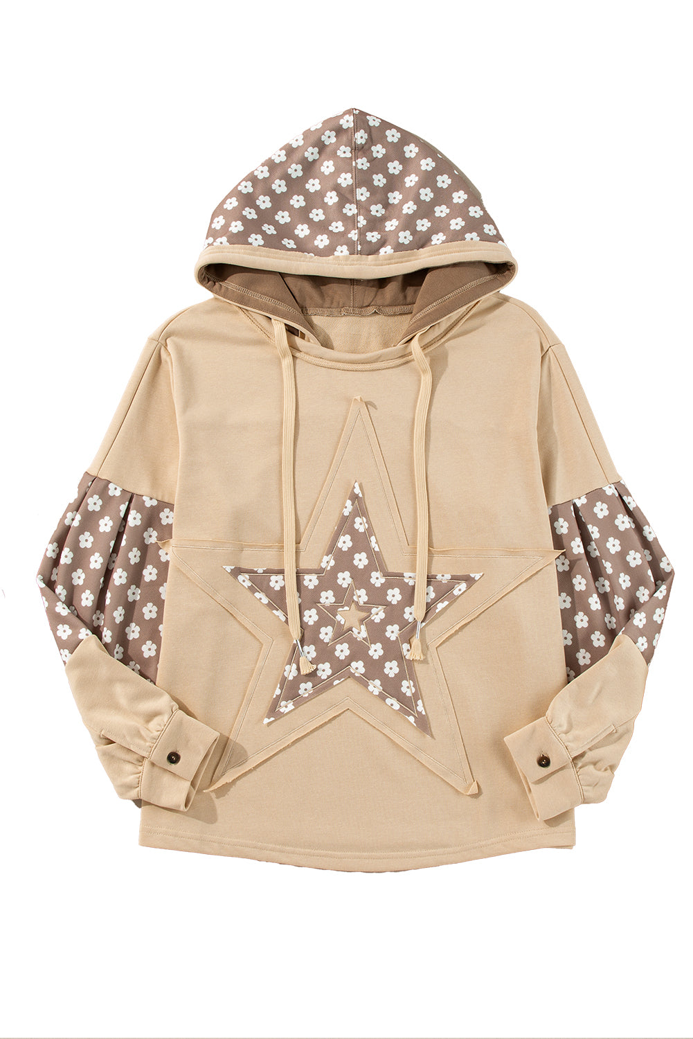 Apricot Floral Patchwork Star Pattern Drawstring Hoodie