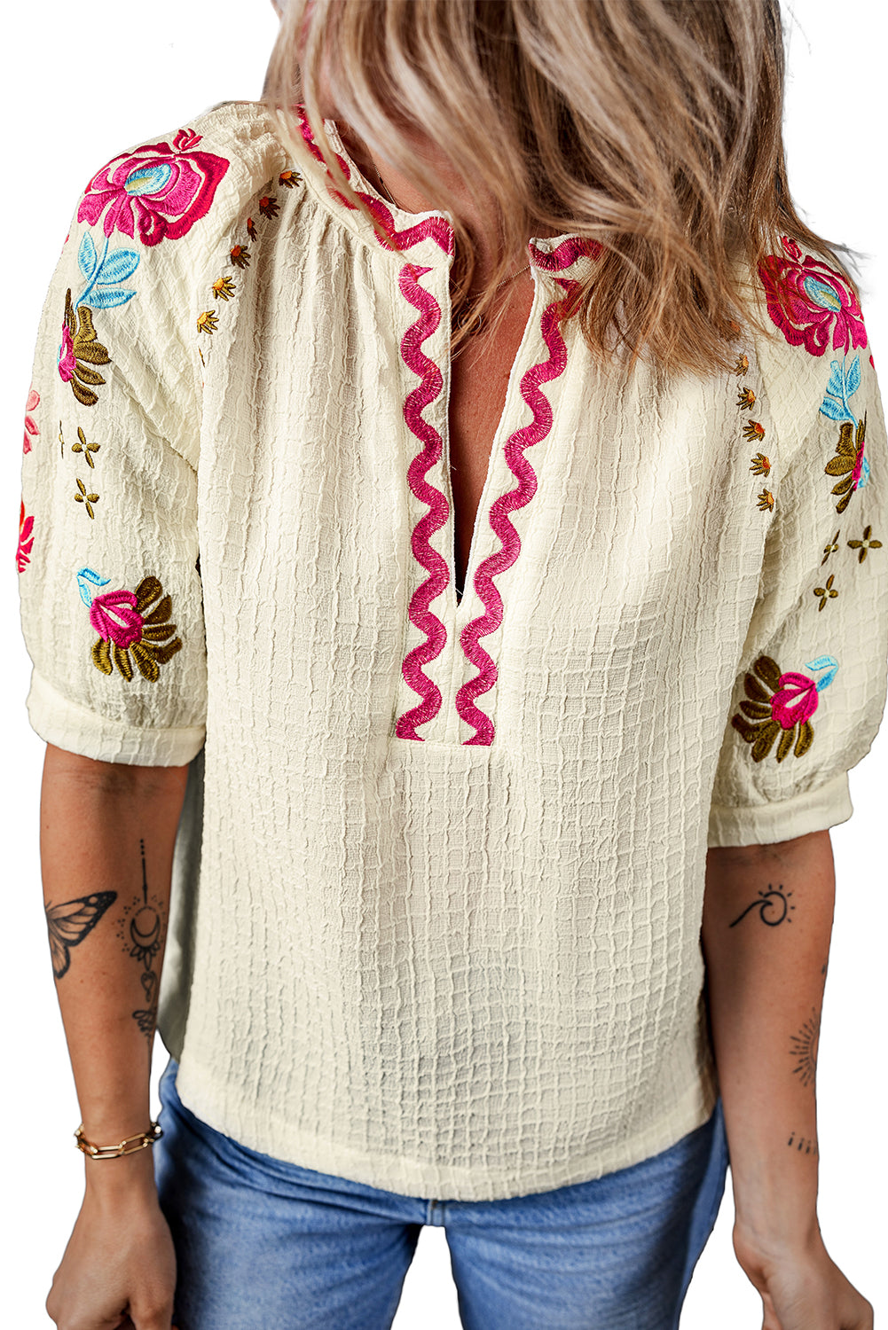 Beige Floral Embroidered Puff Sleeve Ricrac Textured Blouse