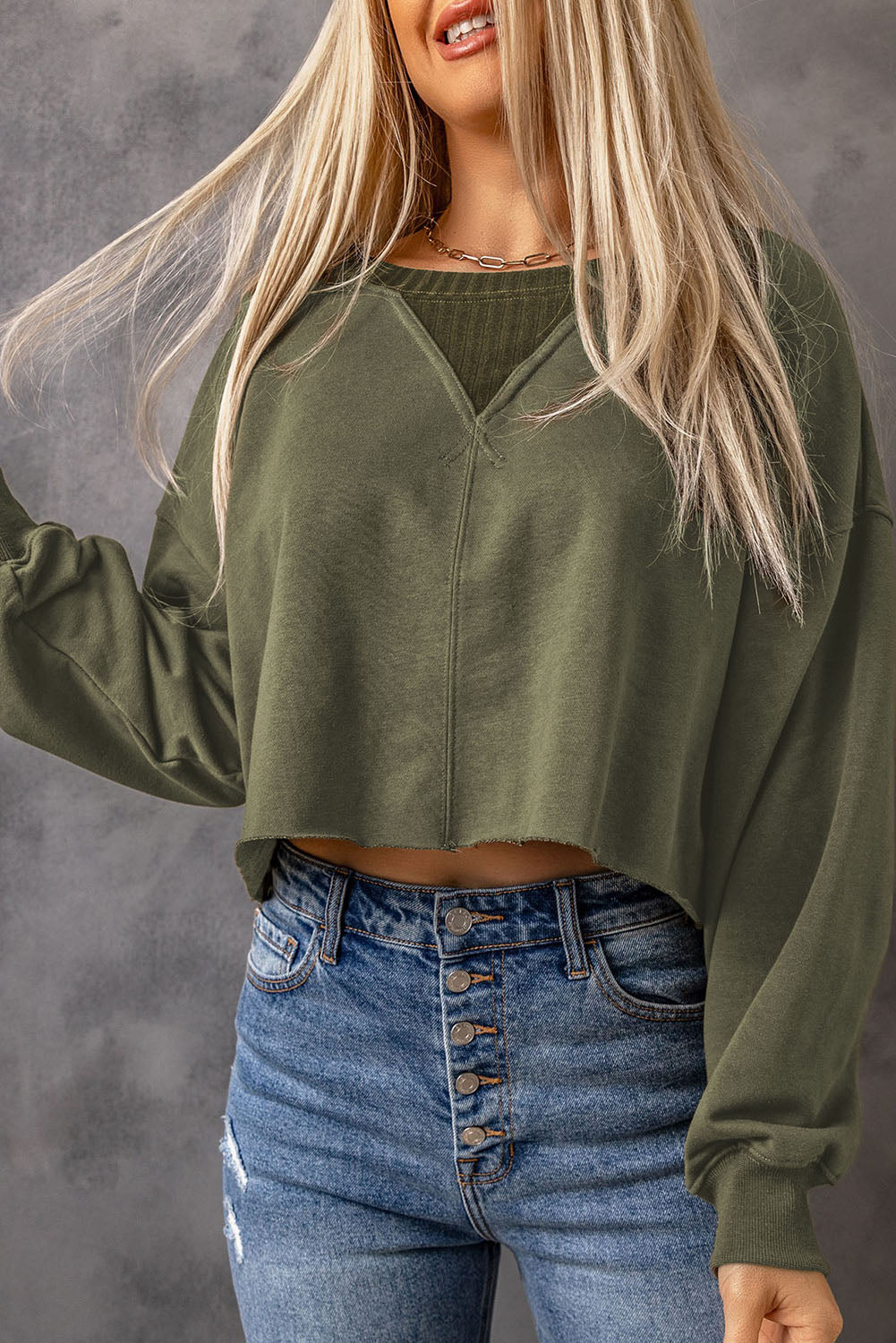 Green Casual Drop Shoulder Cropped Sweatshirt