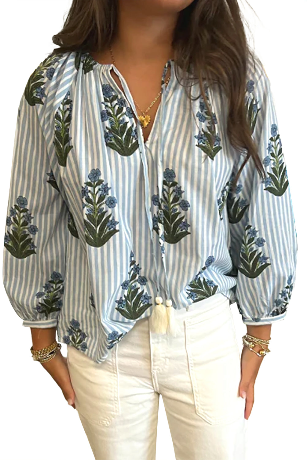 Beau Blue Floral Striped Tie V Neck Long Sleeve Blouse