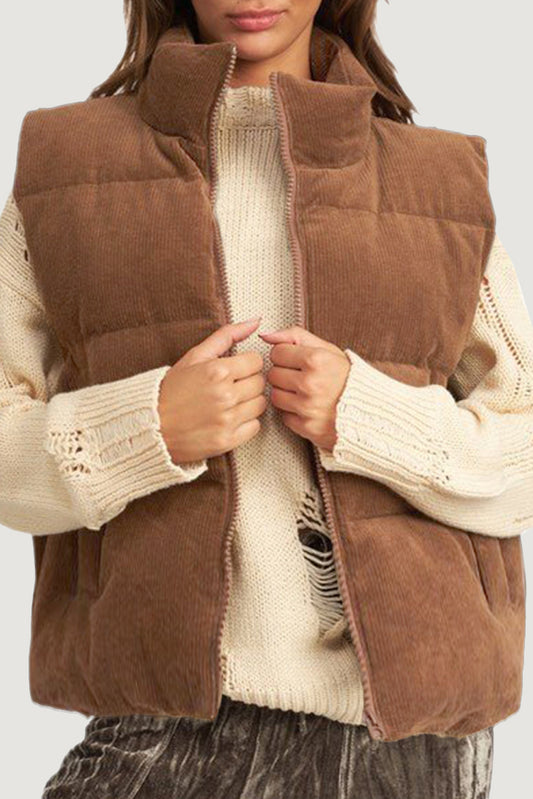 Coffee Solid Color Corduroy Puffer Vest Coat