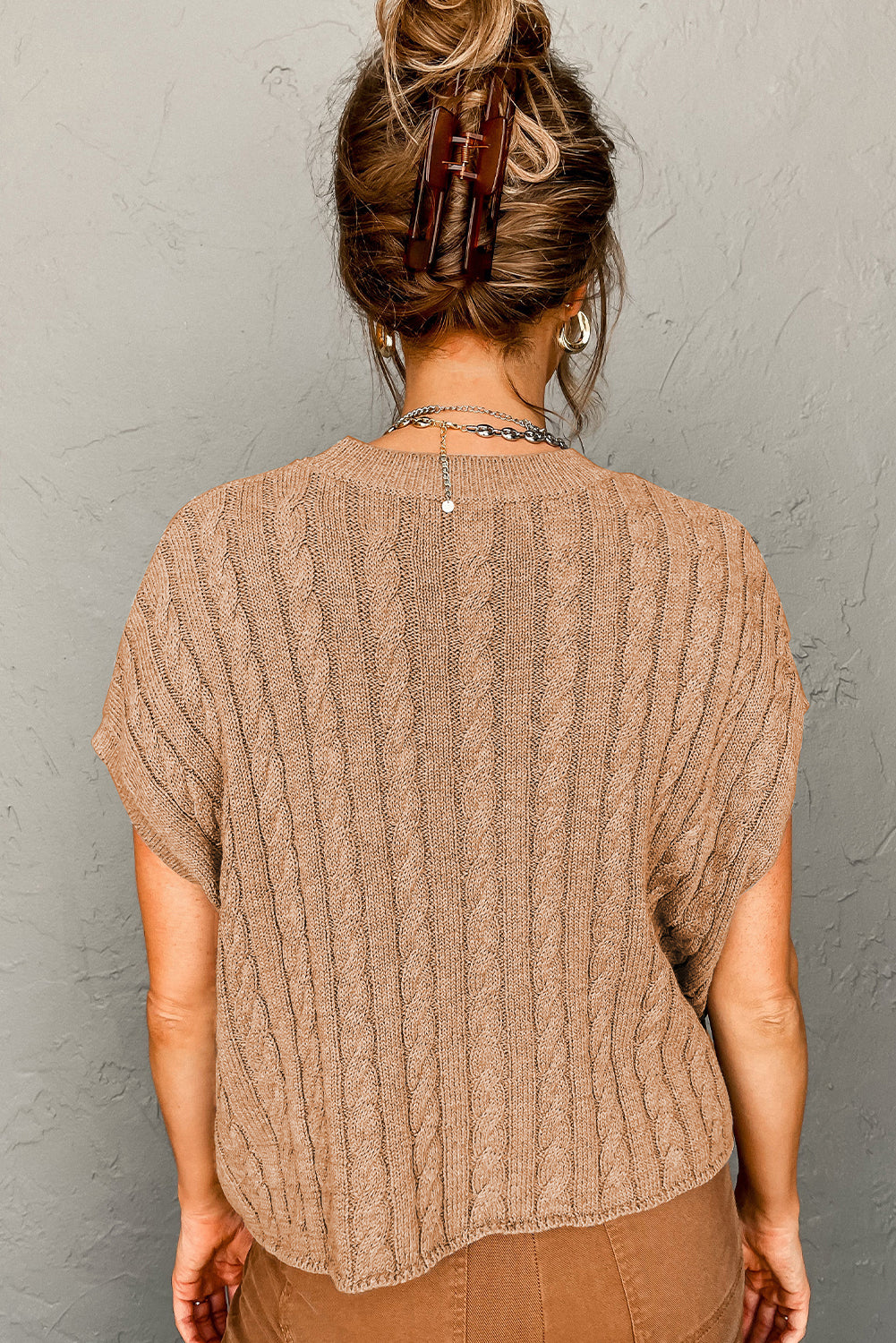 Flaxen Solid Color Cable Knit Short Sleeve Sweater