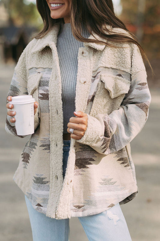 Khaki Aztec Print Sherpa Splicing Buttoned Flap Pocket Coat