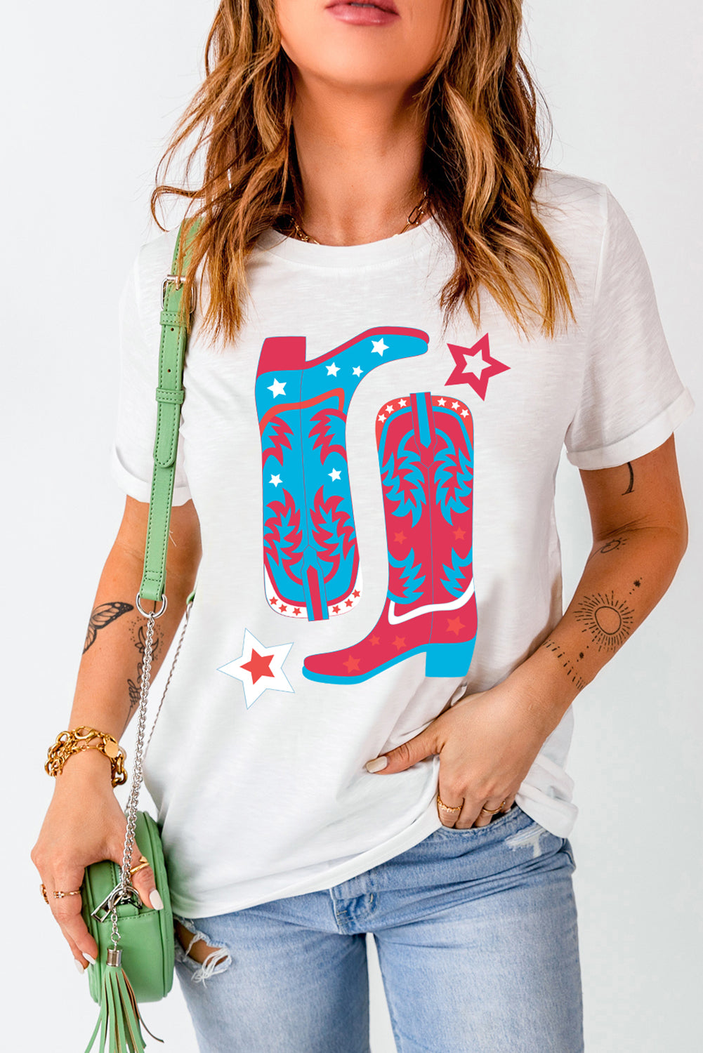 White Casual Boots & Stars Graphic Round Neck T Shirt