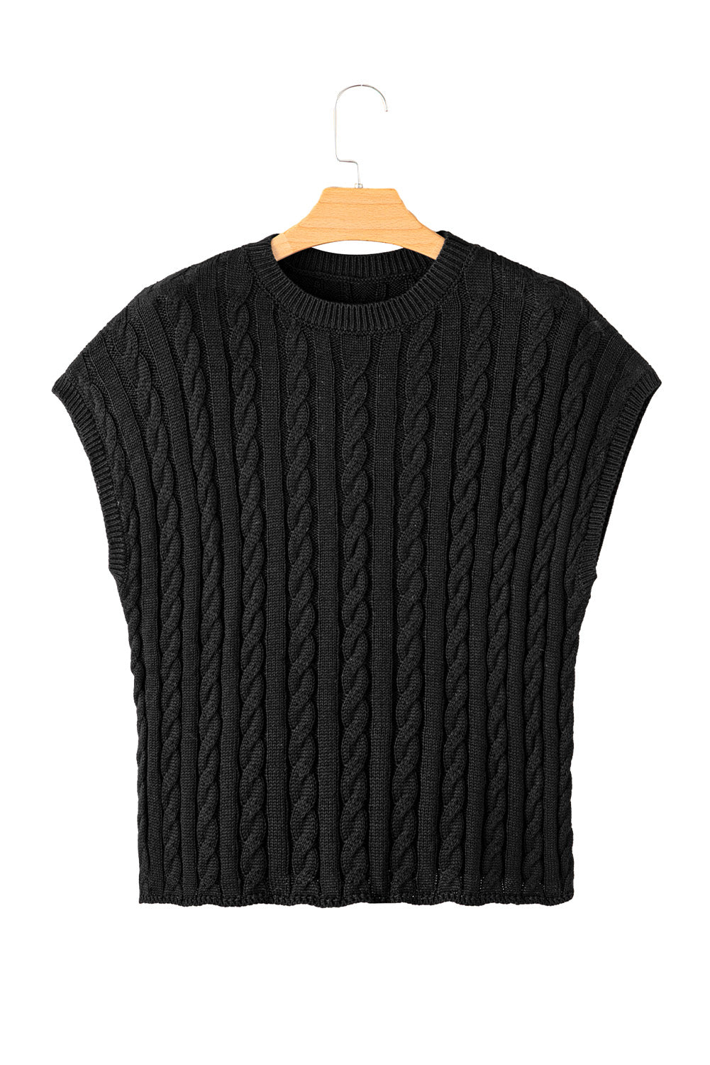 Flaxen Solid Color Cable Knit Short Sleeve Sweater