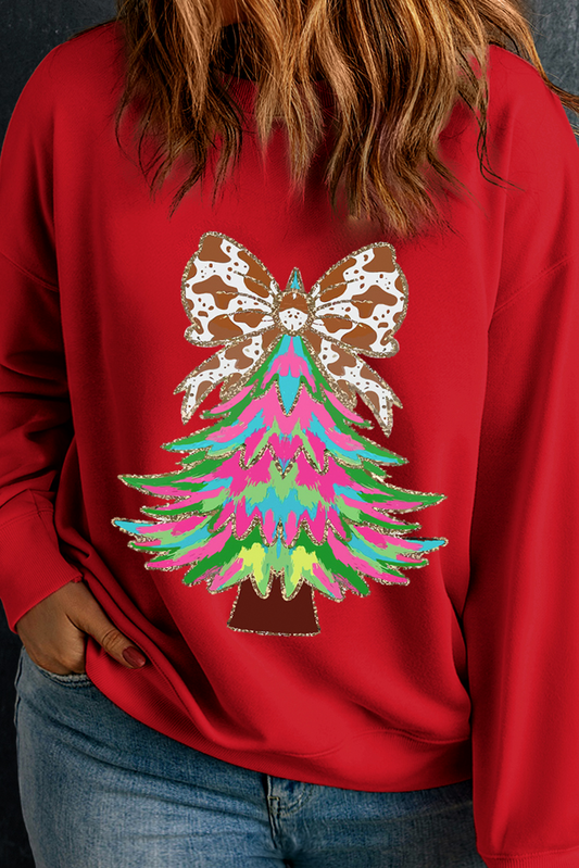 Racing Red Bow Knot Christmas Tree Graphic Plus Size Sweatshirt