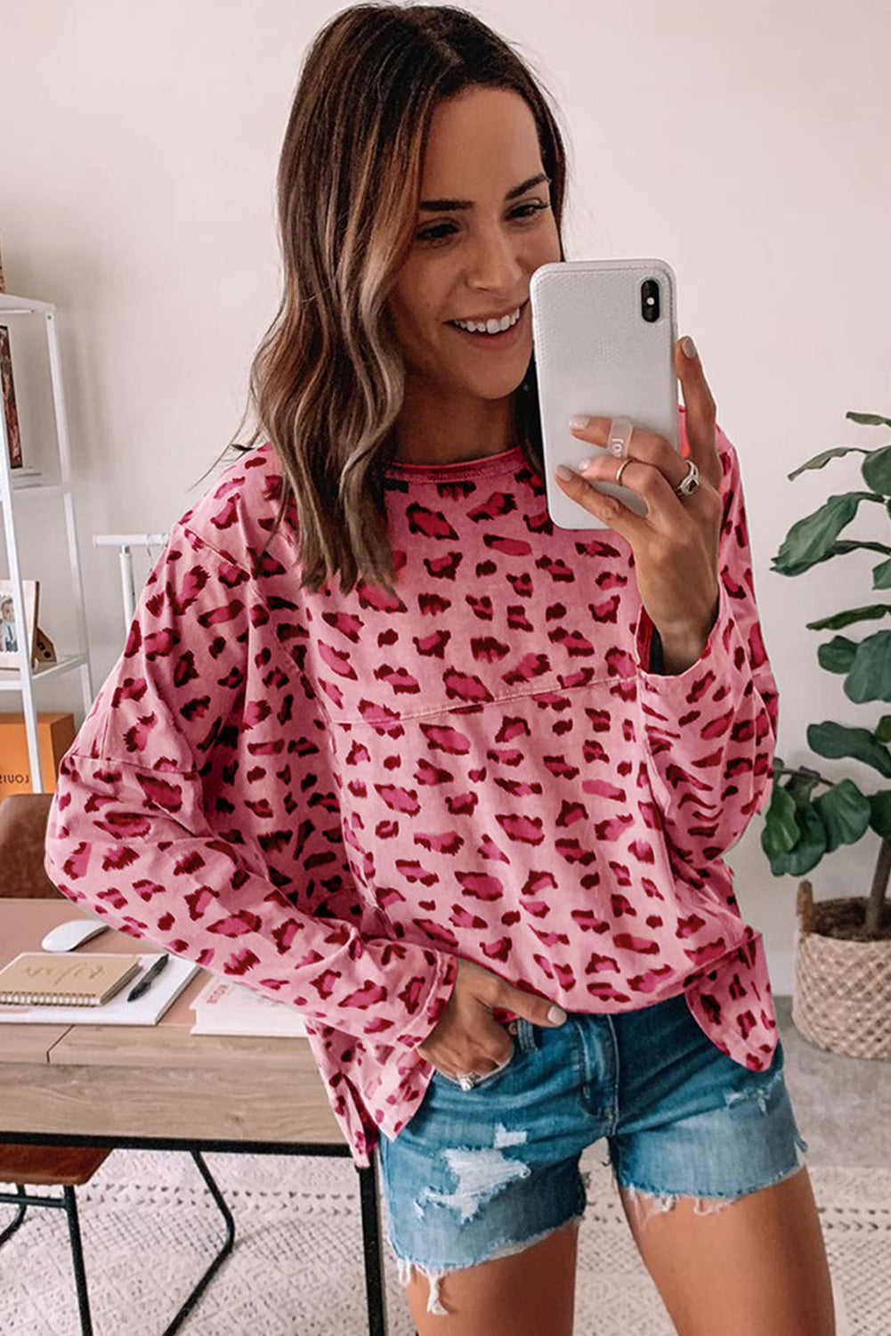 Pink Leopard Stitching Loose Long Sleeve Top