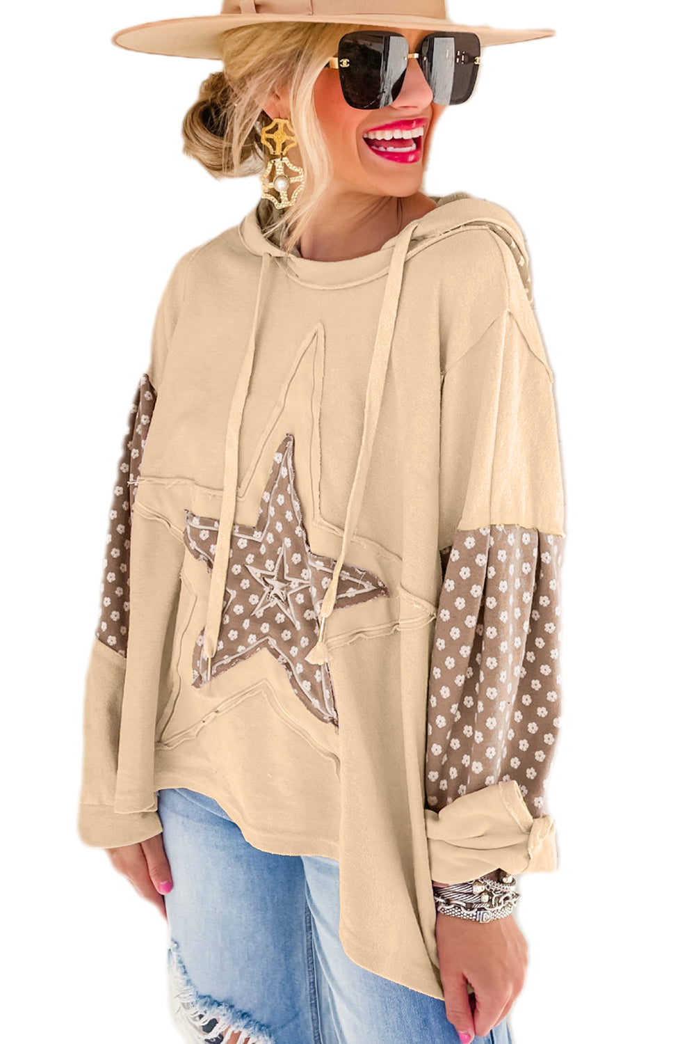 Apricot Floral Patchwork Star Pattern Drawstring Hoodie