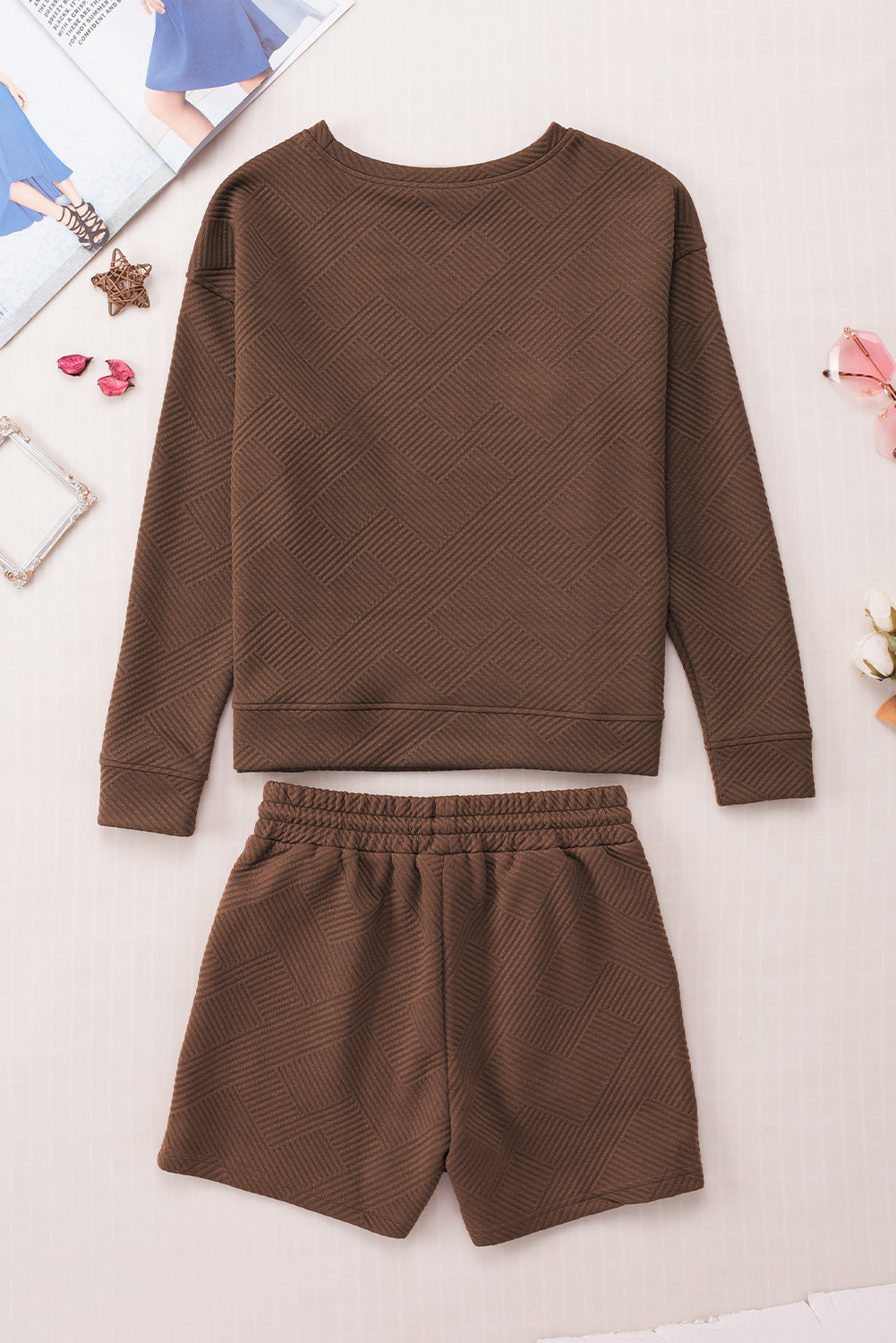 Brown Textured Long Sleeve Top & Drawstring Shorts Set