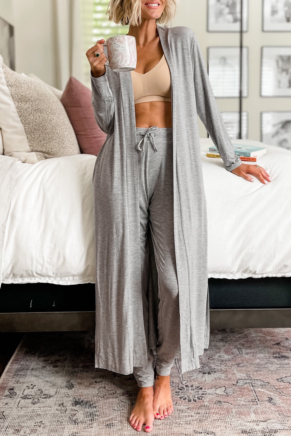 Black Split Long Cardigan and Skinny Pants Loungewear Set