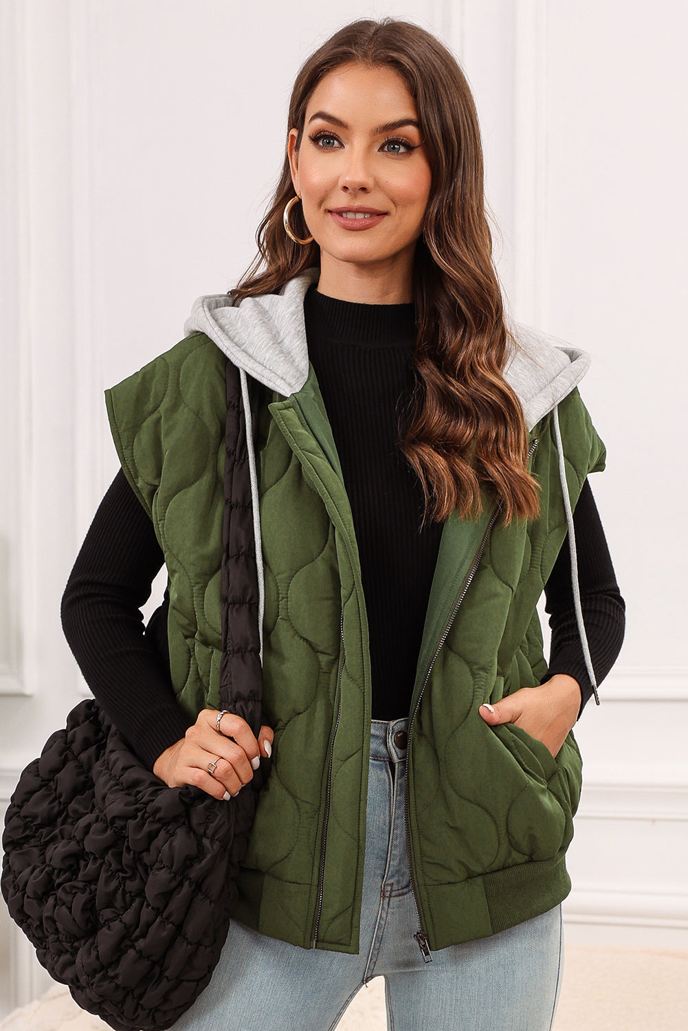 Jungle Green Quilted Drawstring Hooded Zip Up Puffer Vest