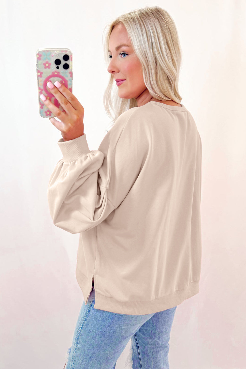 Light Pink Sweet Bow Lantern Sleeve Oversized Pullover Sweatshirt