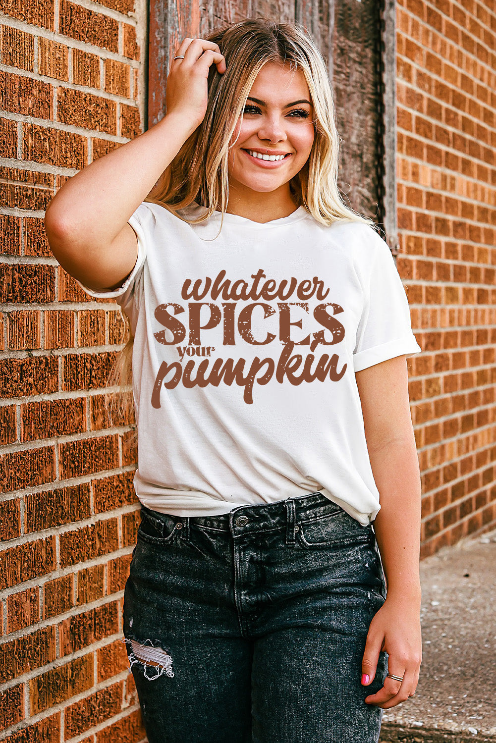 White Whatever Spices Your Pumpkin Letter Print Graphic Tee