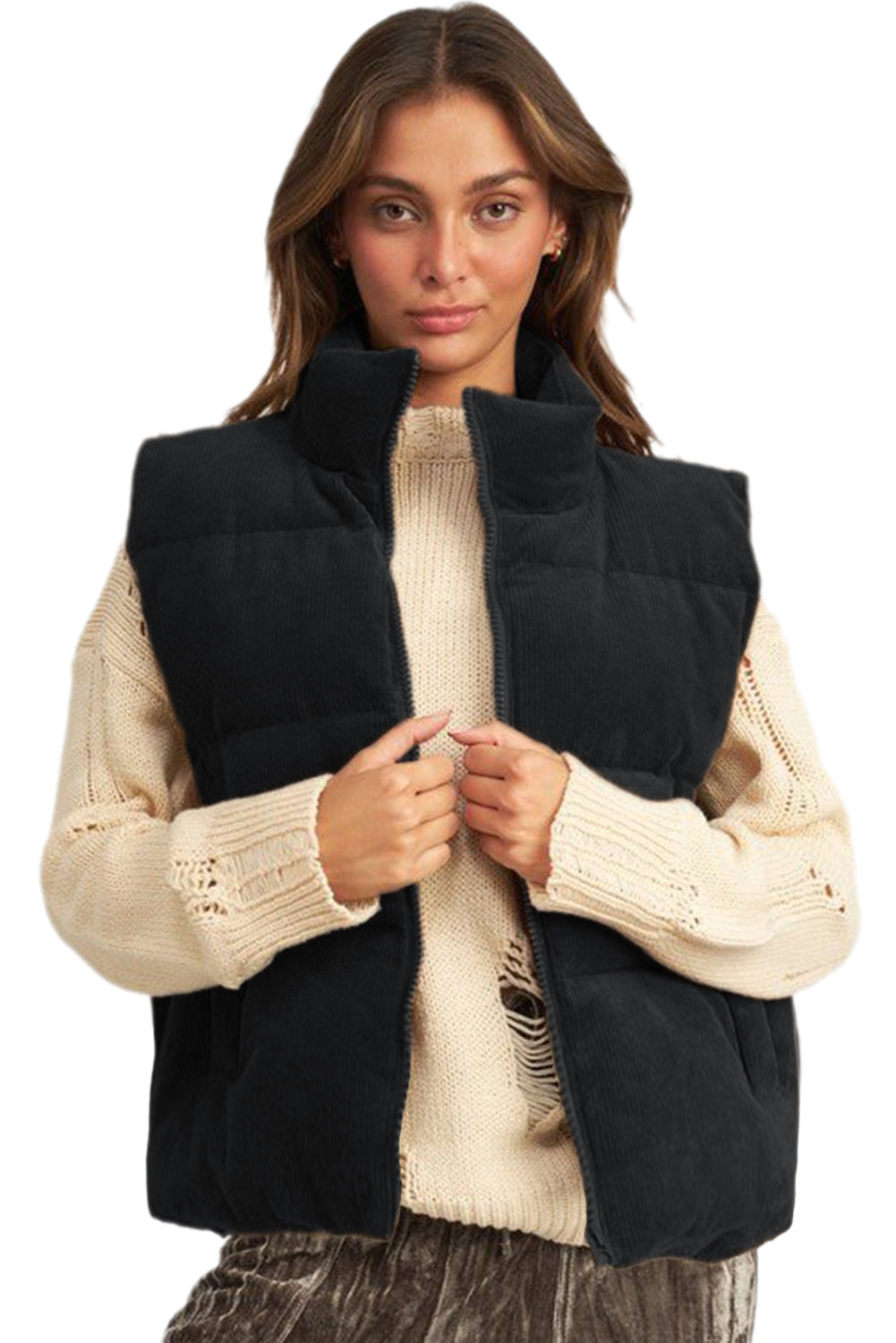 Coffee Solid Color Corduroy Puffer Vest Coat