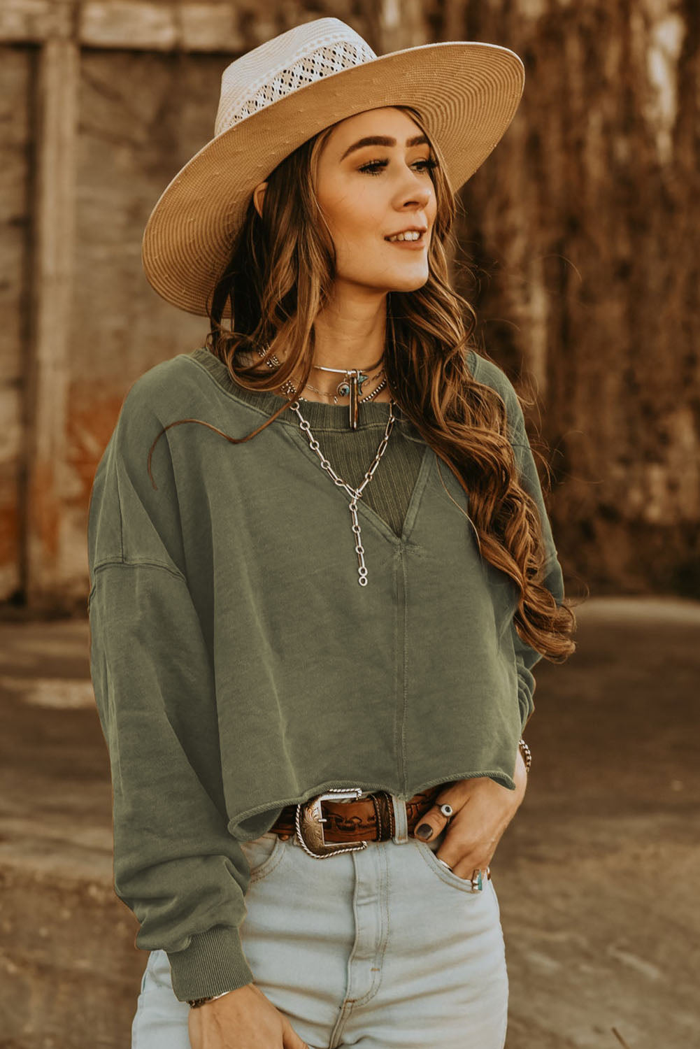 Green Casual Drop Shoulder Cropped Sweatshirt