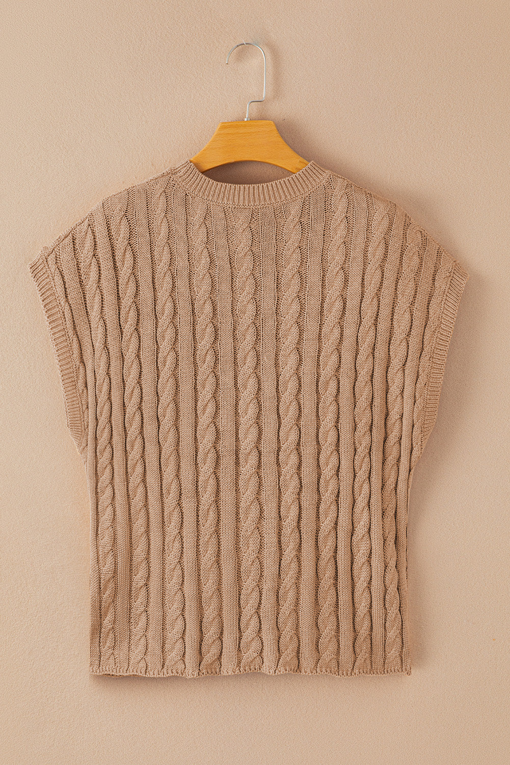 Flaxen Solid Color Cable Knit Short Sleeve Sweater