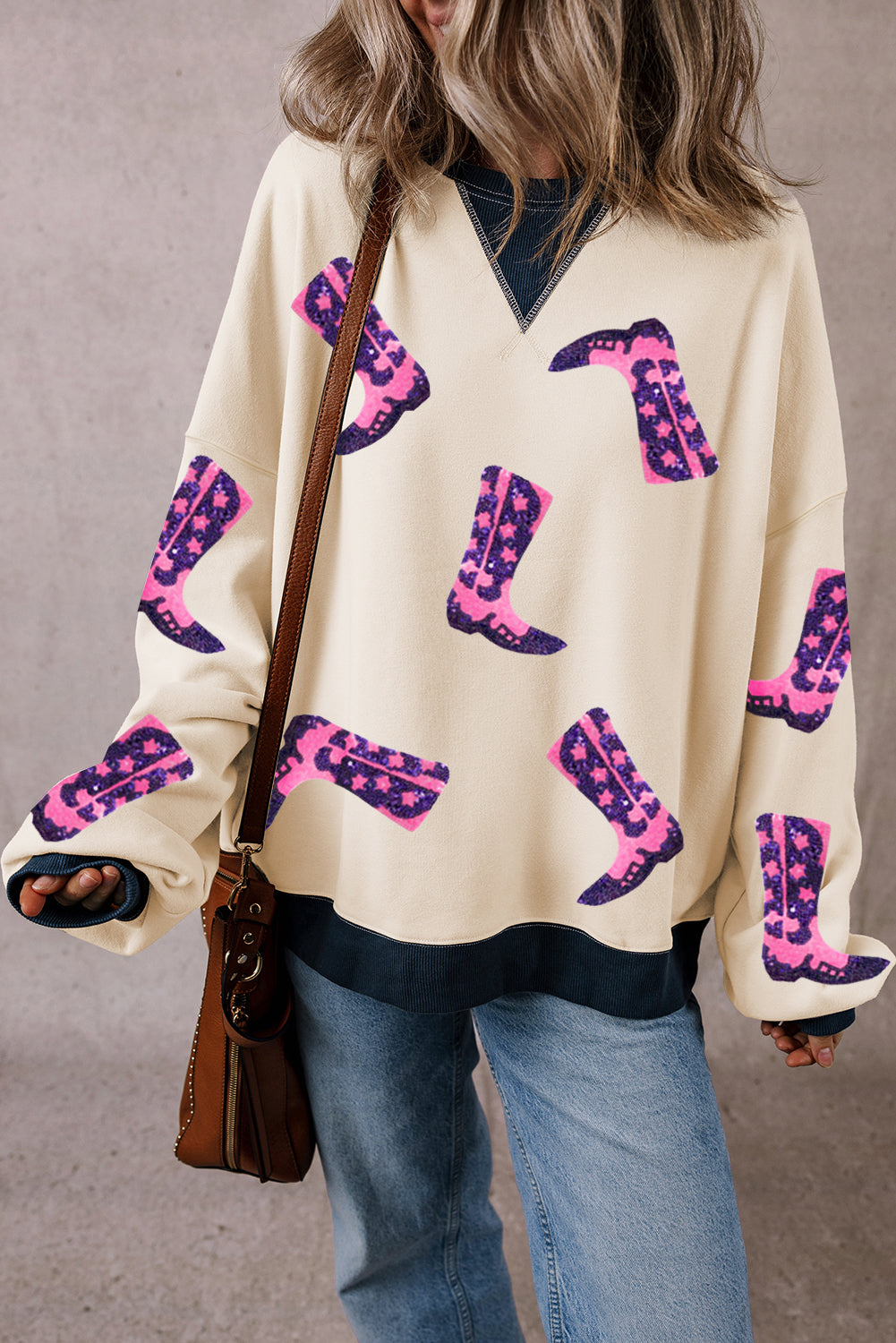 White Sequin Boots Graphic Patchwork Neck Sweatshirt