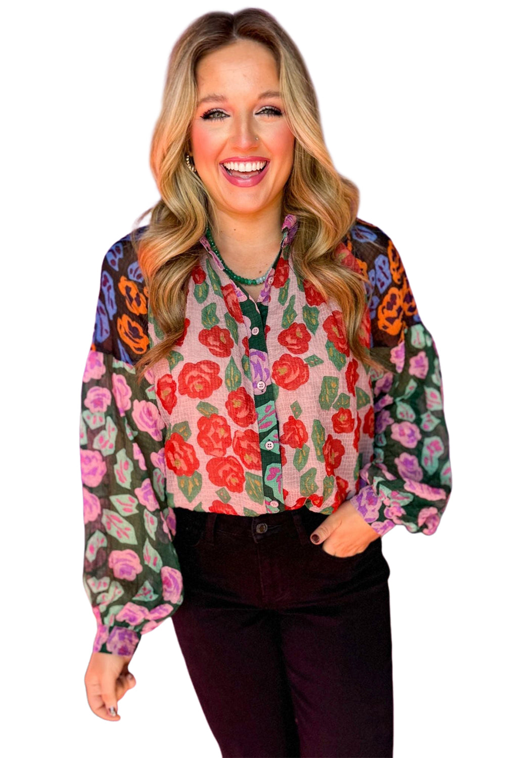 Red Colorblock Floral Print Puff Sleeve Shirt