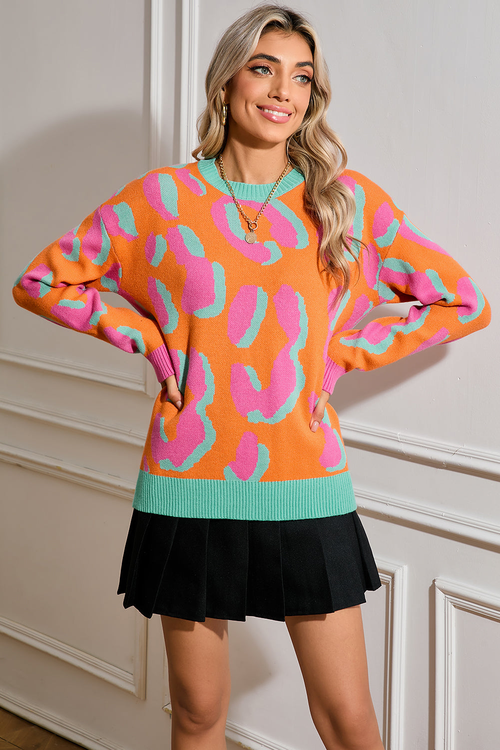 Orange Leopard Colorblock Ribbed Edge Sweater