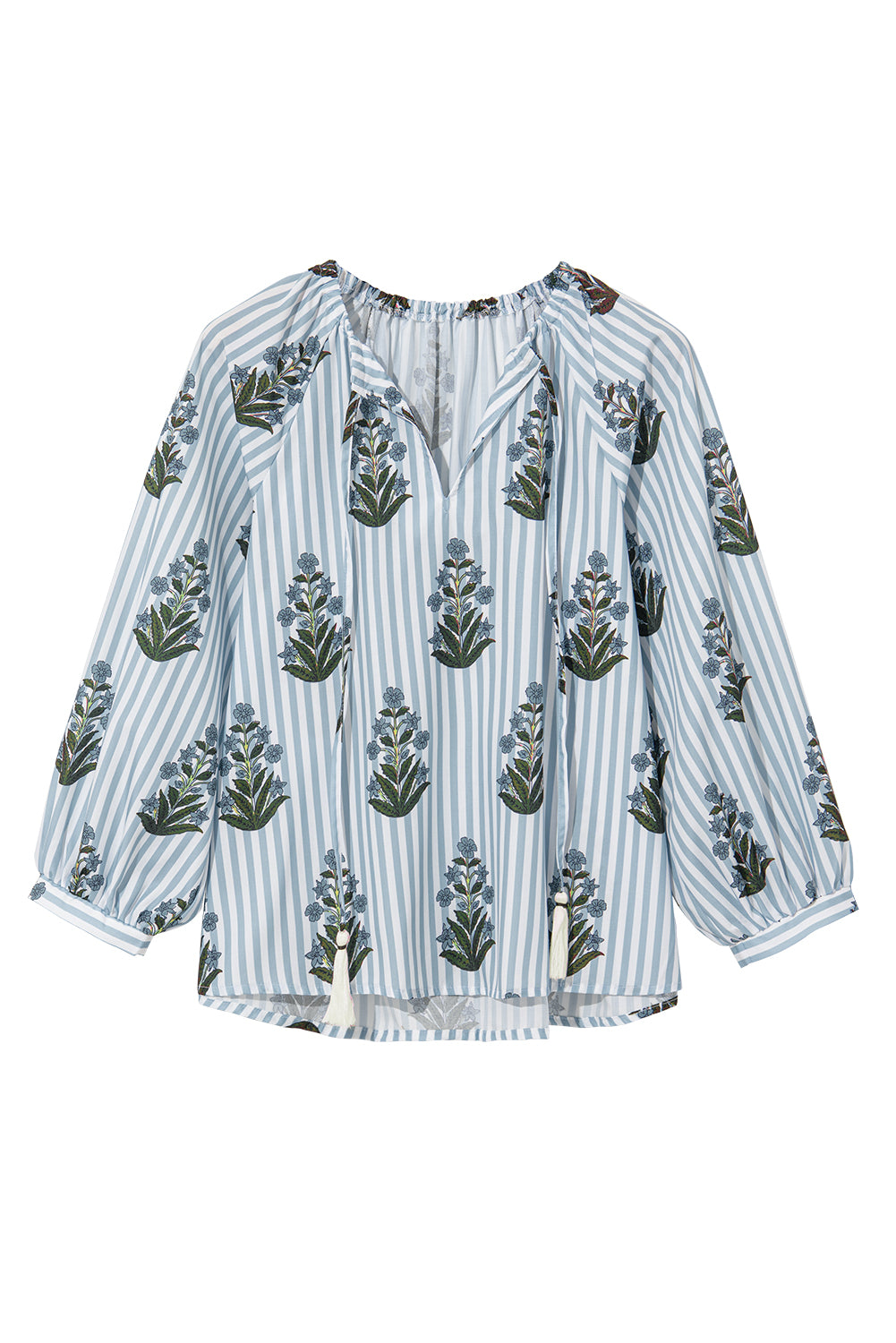 Beau Blue Floral Striped Tie V Neck Long Sleeve Blouse