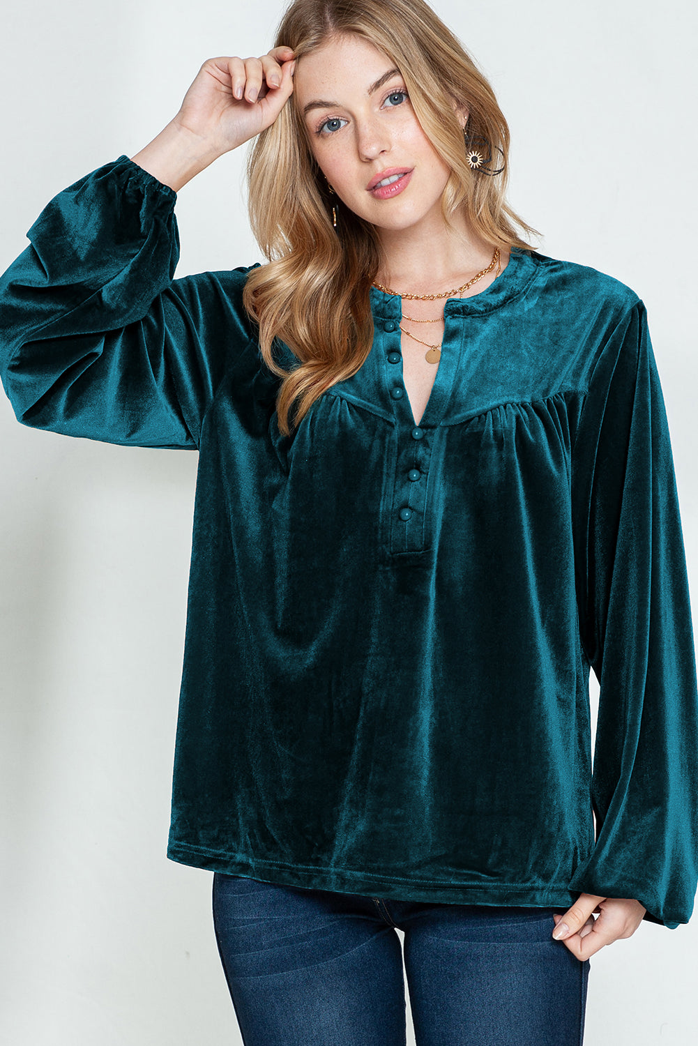 Gold Flame Velvet Beaded V Neck Lantern Sleeve Top