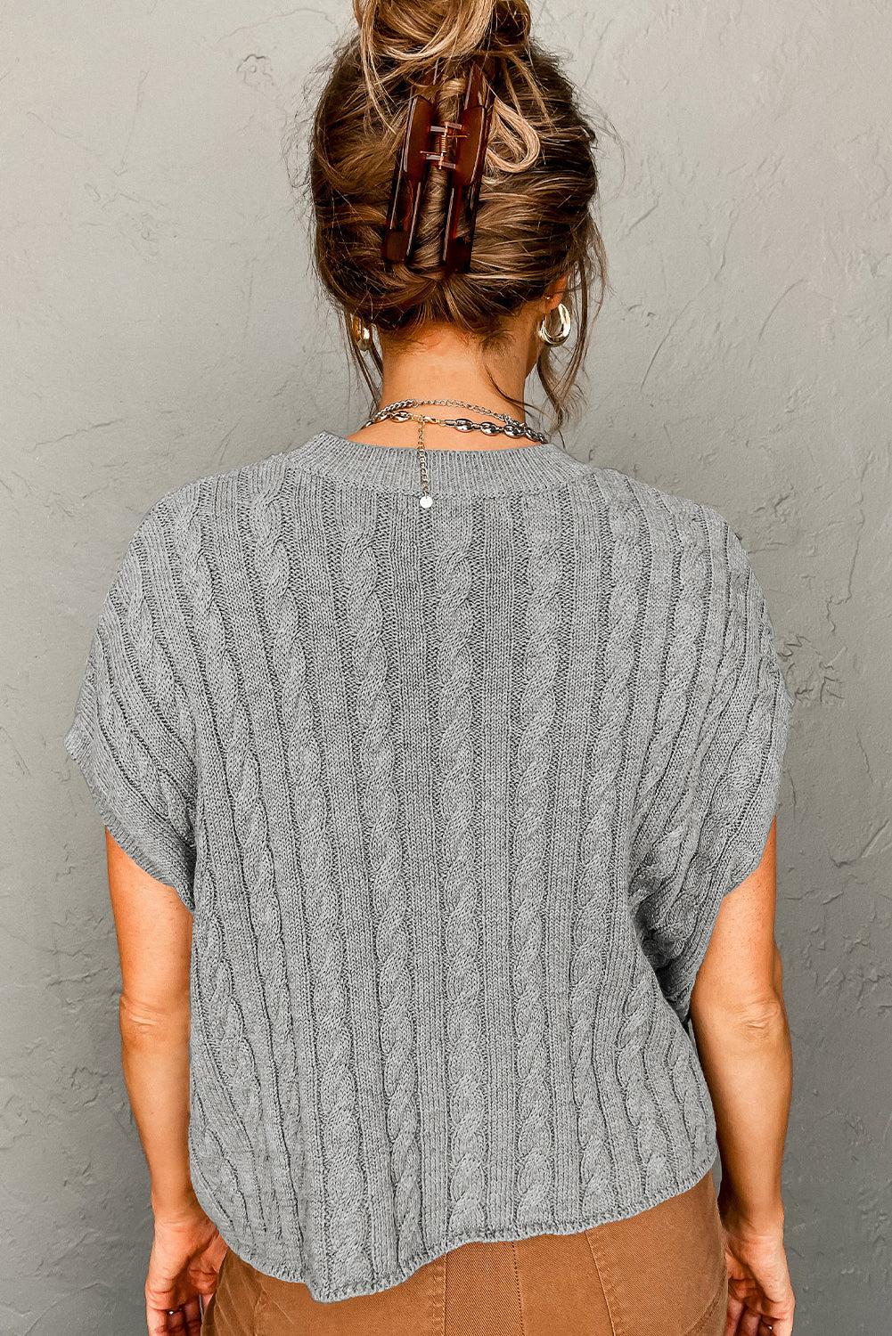 Flaxen Solid Color Cable Knit Short Sleeve Sweater