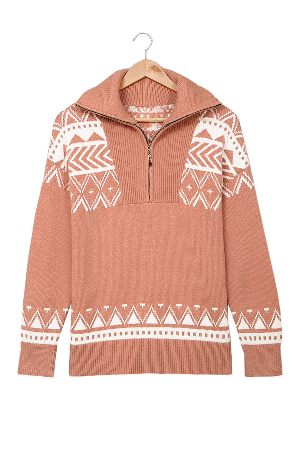 Pink Casual Geometric Knit Quarter Zip Sweater