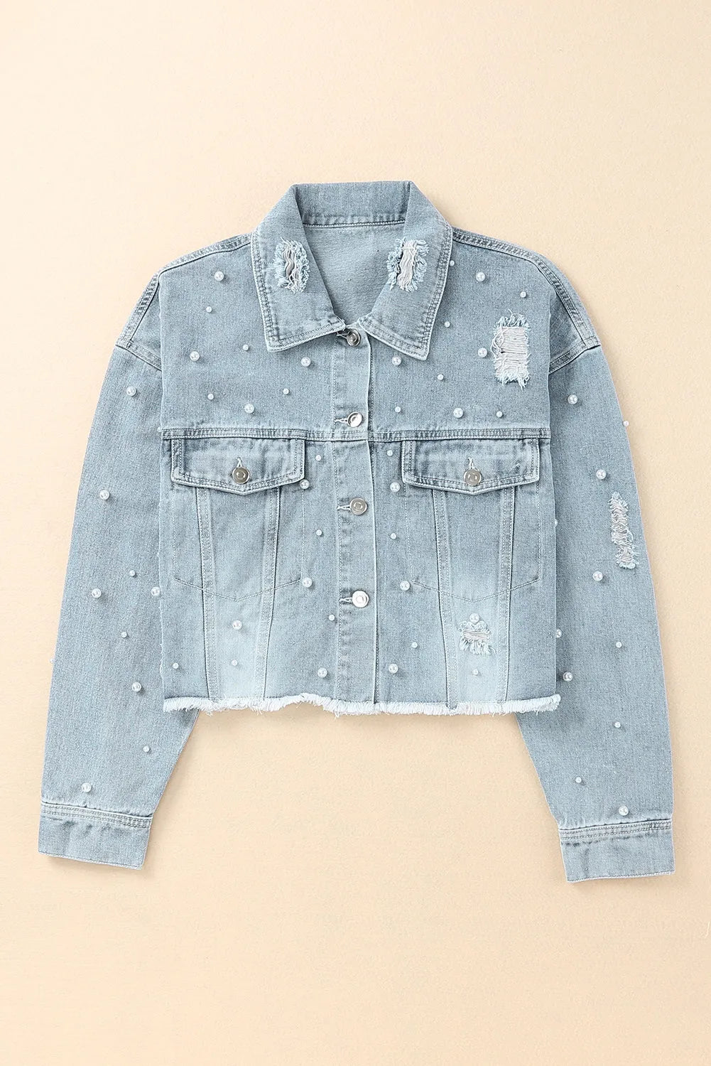 Sky Blue Pearls Beading Cropped Denim Jacket