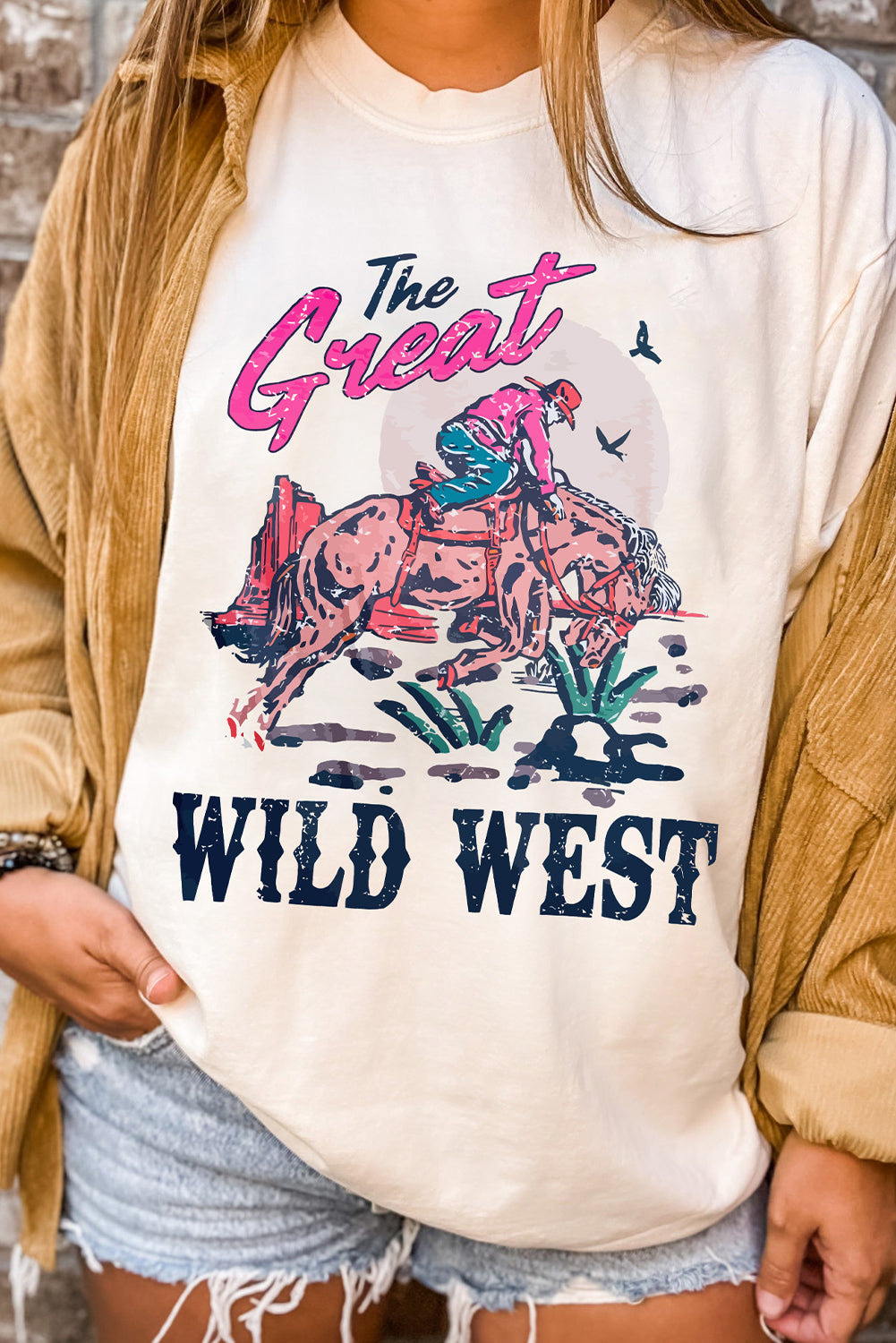 White- The Great WILD WEST Rodeo Graphic Crew Neck T Shirt