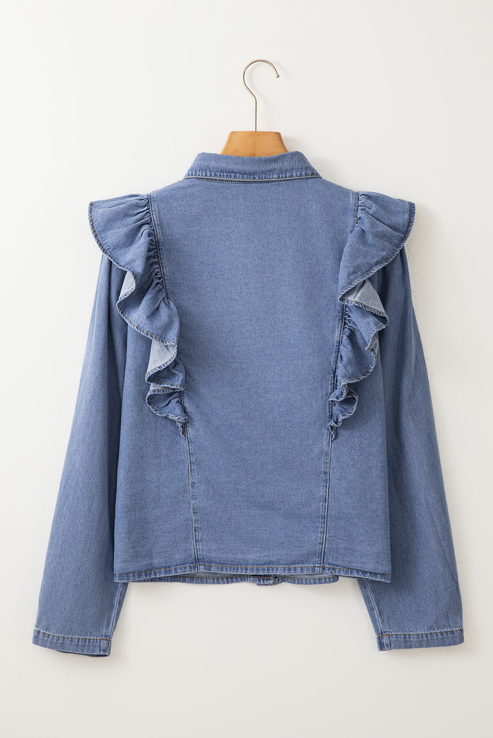 Dusk Blue Denim Button Front Ruffle Decor Long Sleeve Blouse